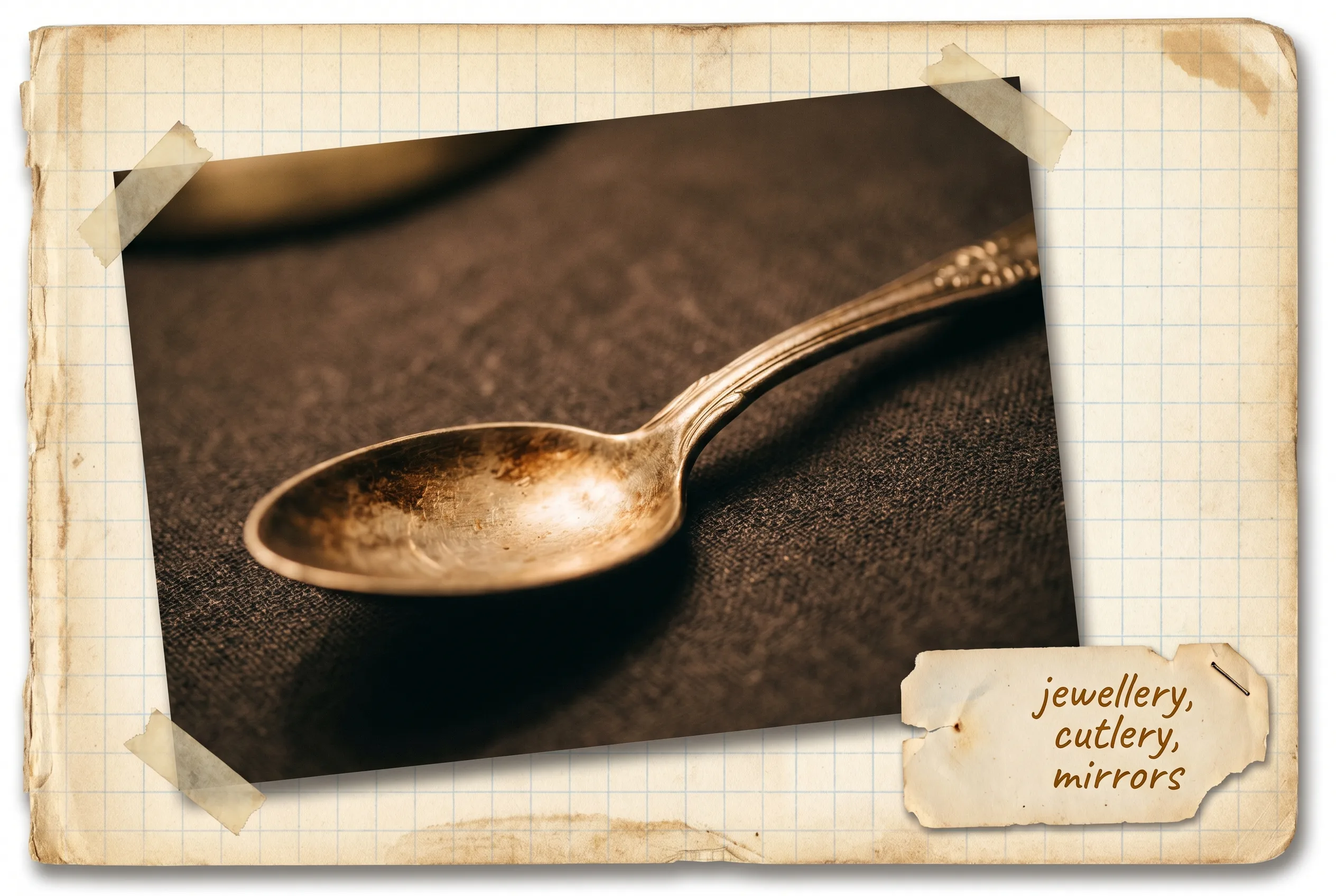 An old silver spoon with dark tarnish in its hollows resting on dark cloth.