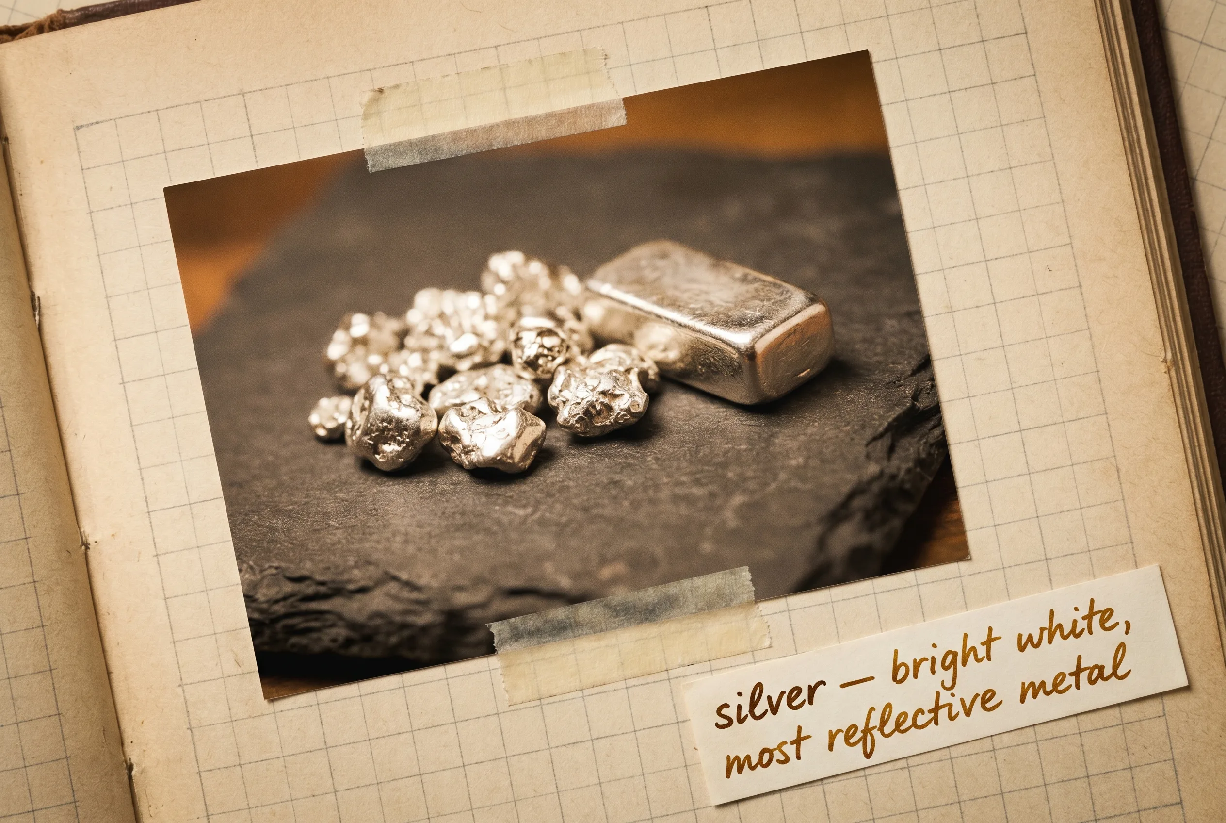 A natural silver nugget and a cast silver bar, bright lustrous white metal, on slate.