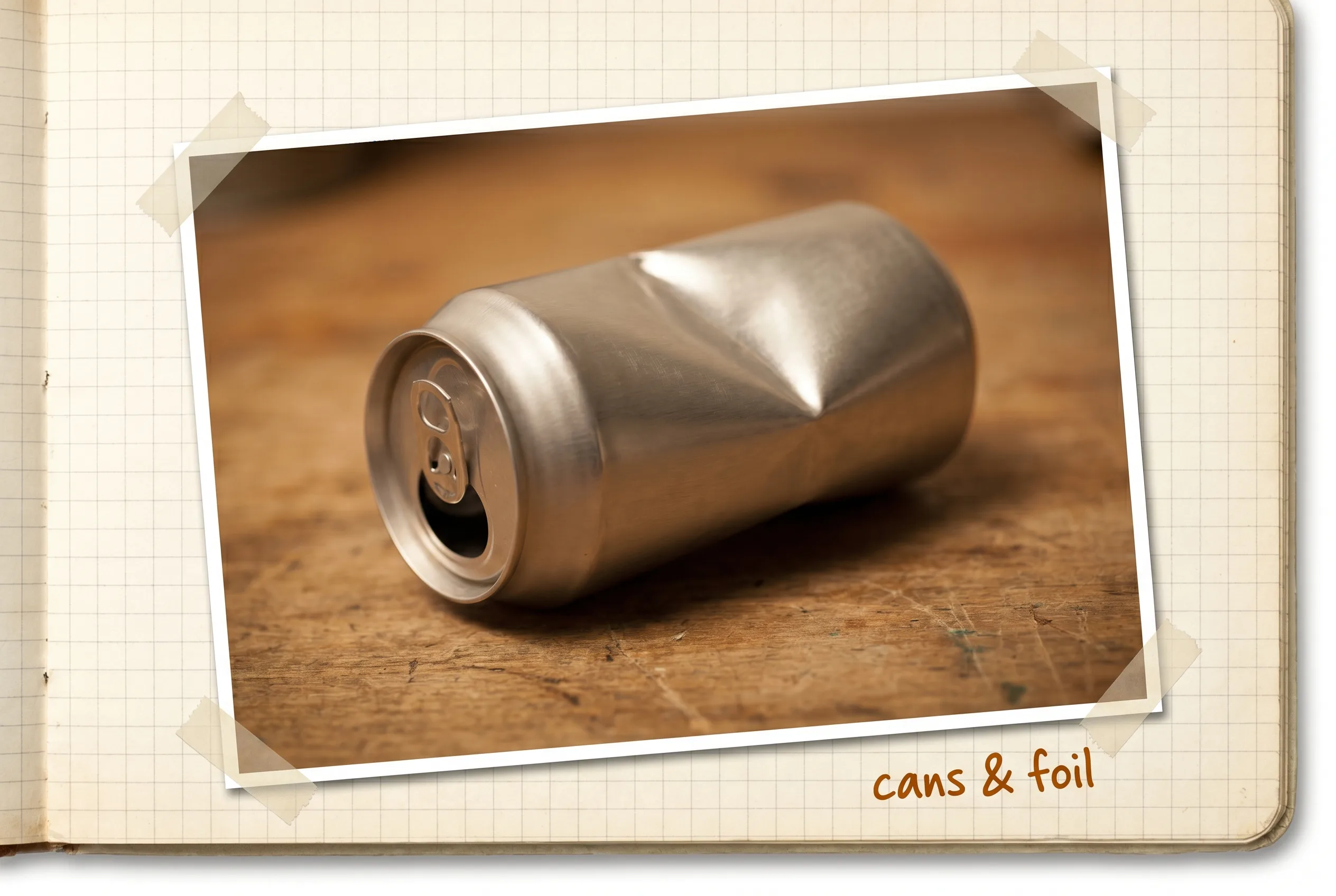 A crushed plain aluminum drinks can with bare brushed-silver metal.