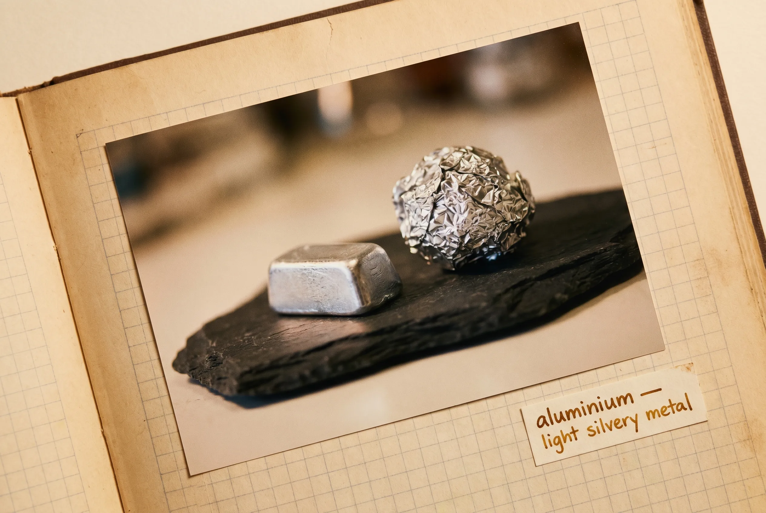 A bright silvery aluminum ingot beside a crumpled wad of foil on black slate.