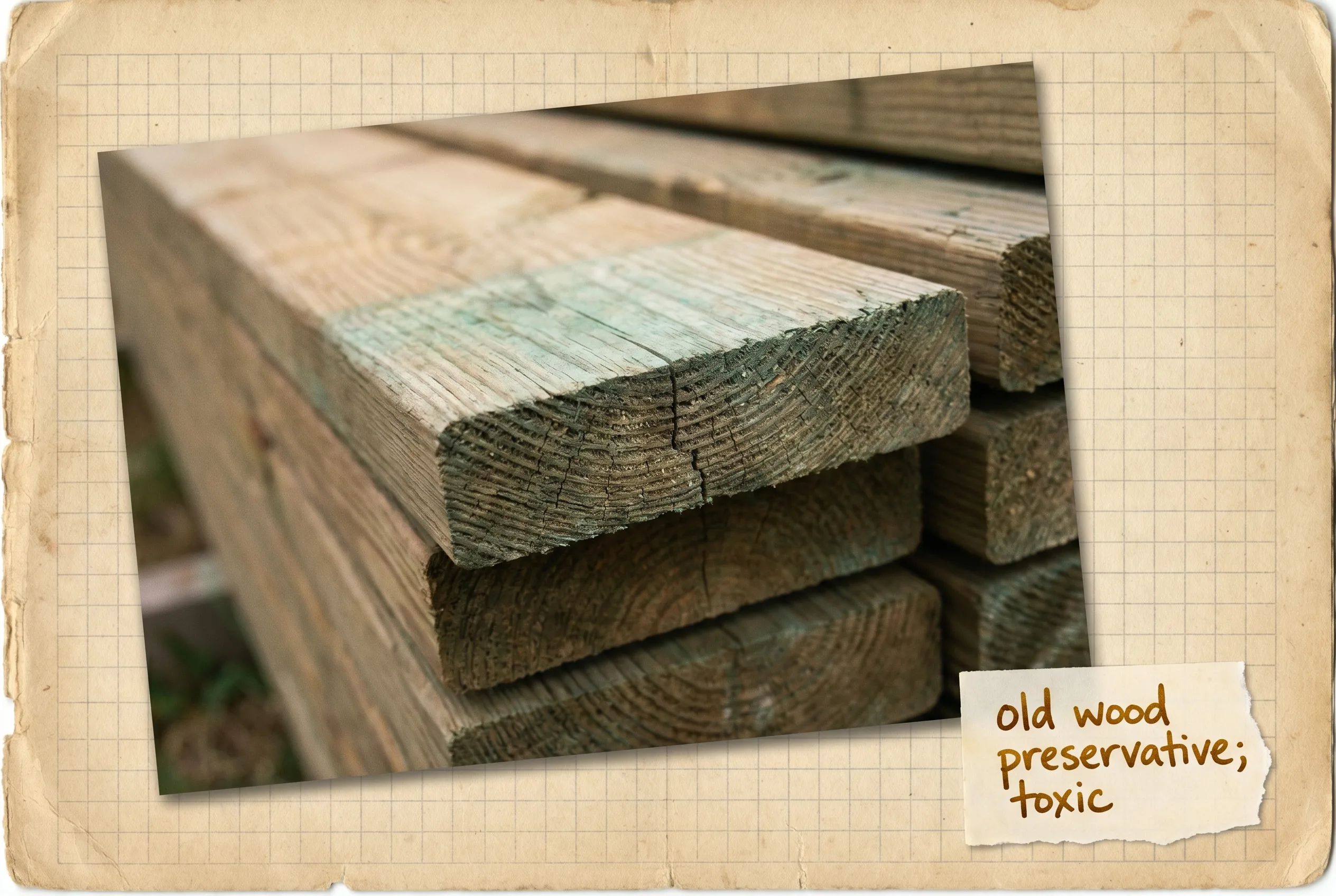 A weathered cut end of pressure-treated lumber with a faint greenish tint, stacked outside.