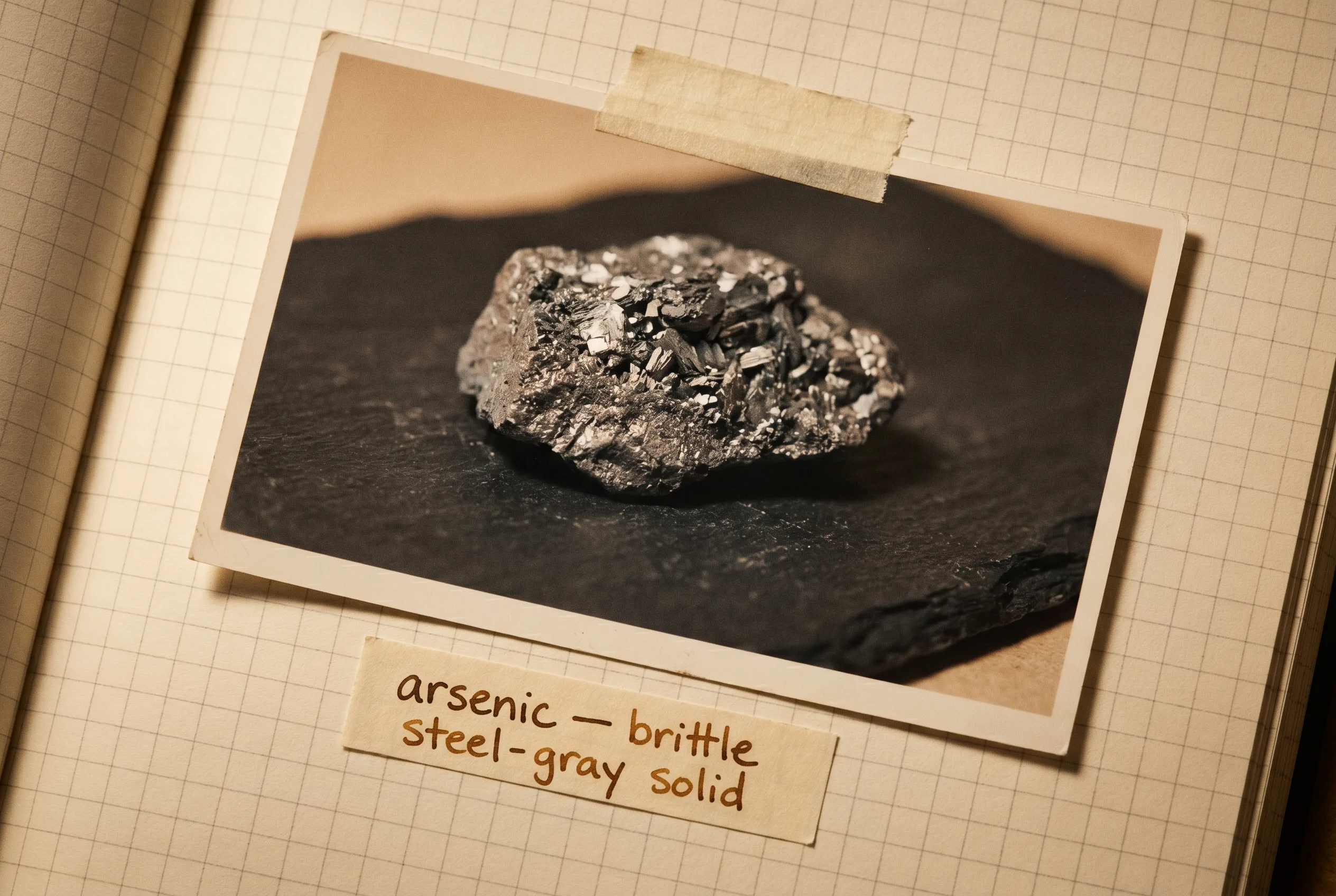 A brittle steel-gray lump of arsenic with a crystalline broken edge on black slate.