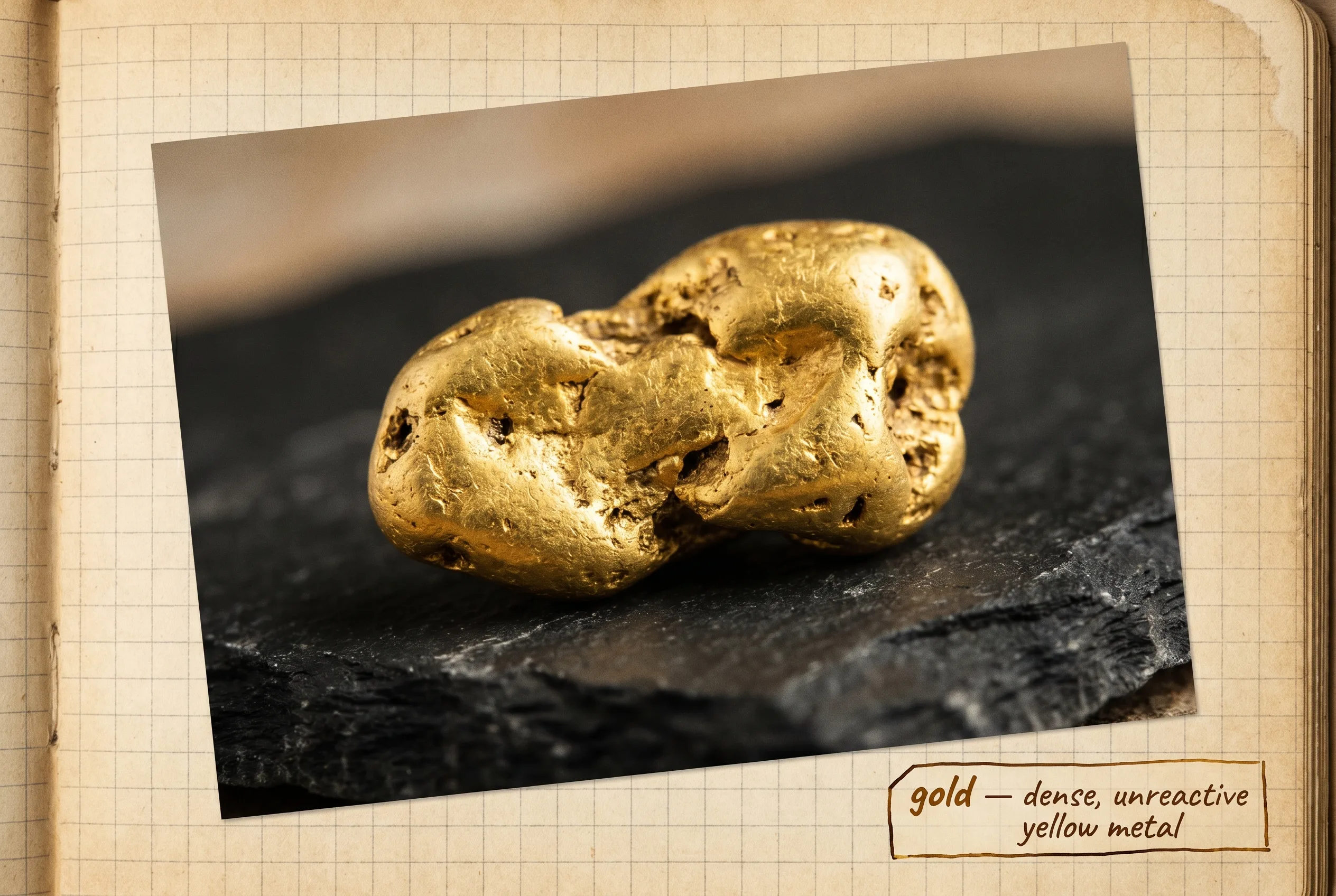 A raw gold nugget, rich metallic yellow with a warm luster, on black slate.