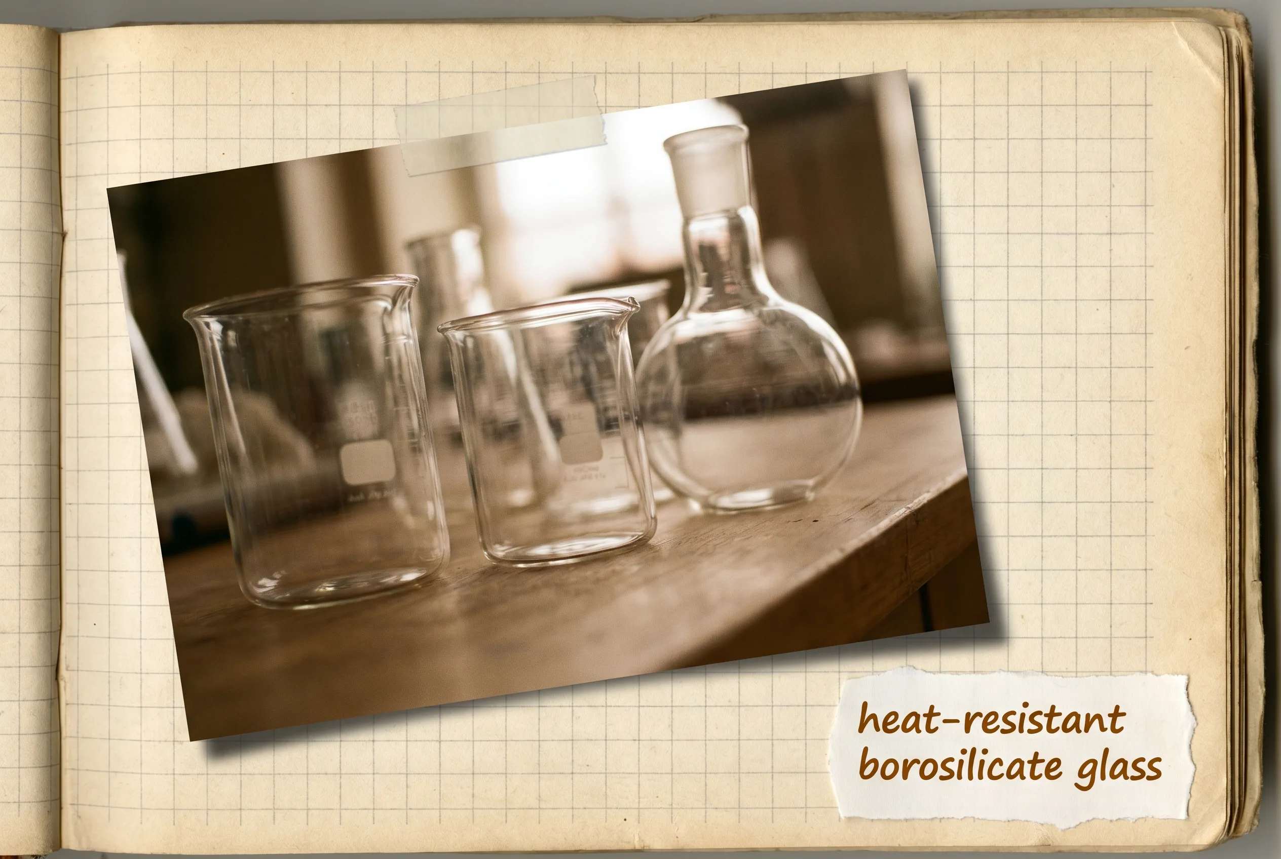 Thick-walled clear borosilicate glass beakers and a flask on a bench.