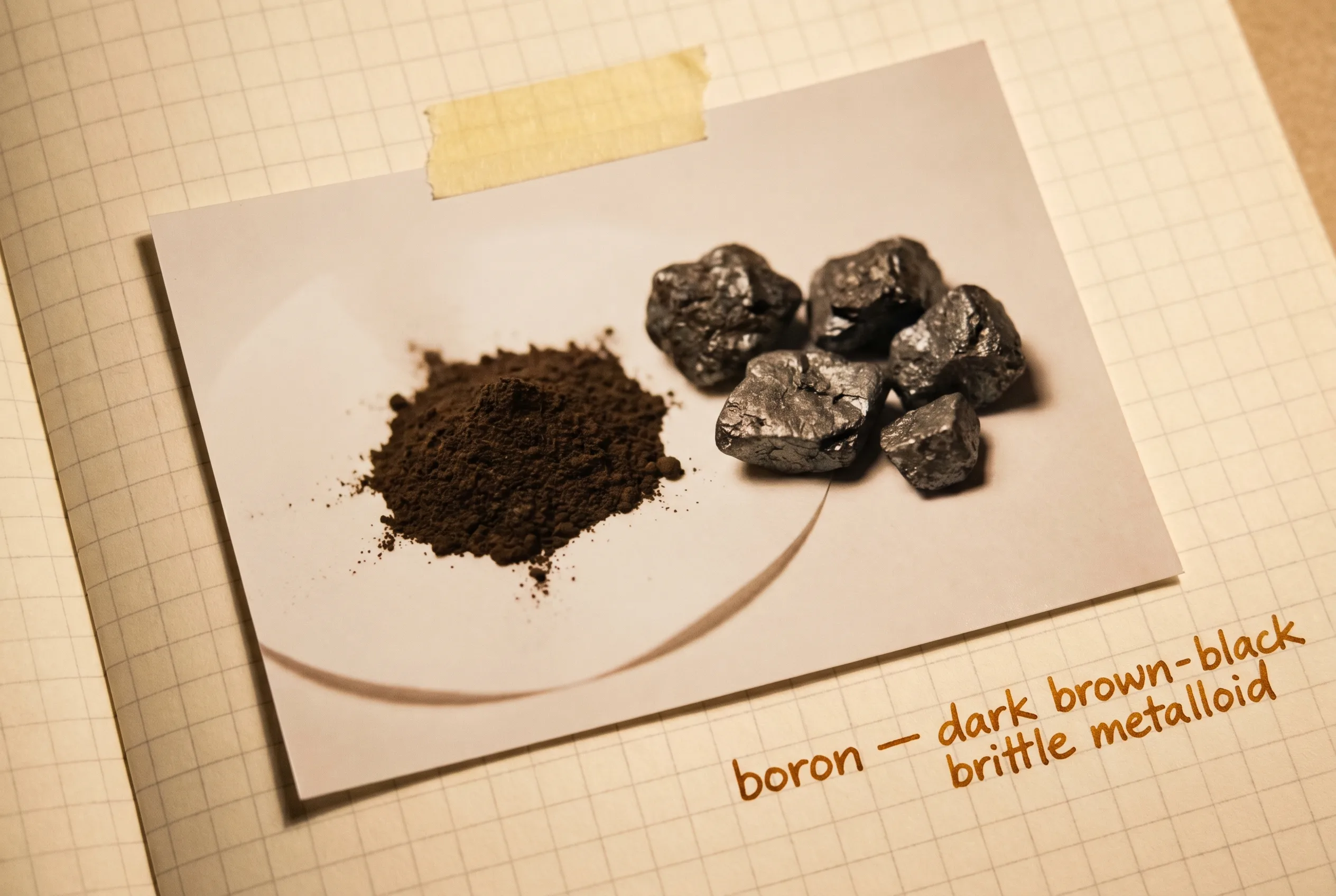 Dark brown-black boron powder beside hard dark gray boron lumps on white paper.