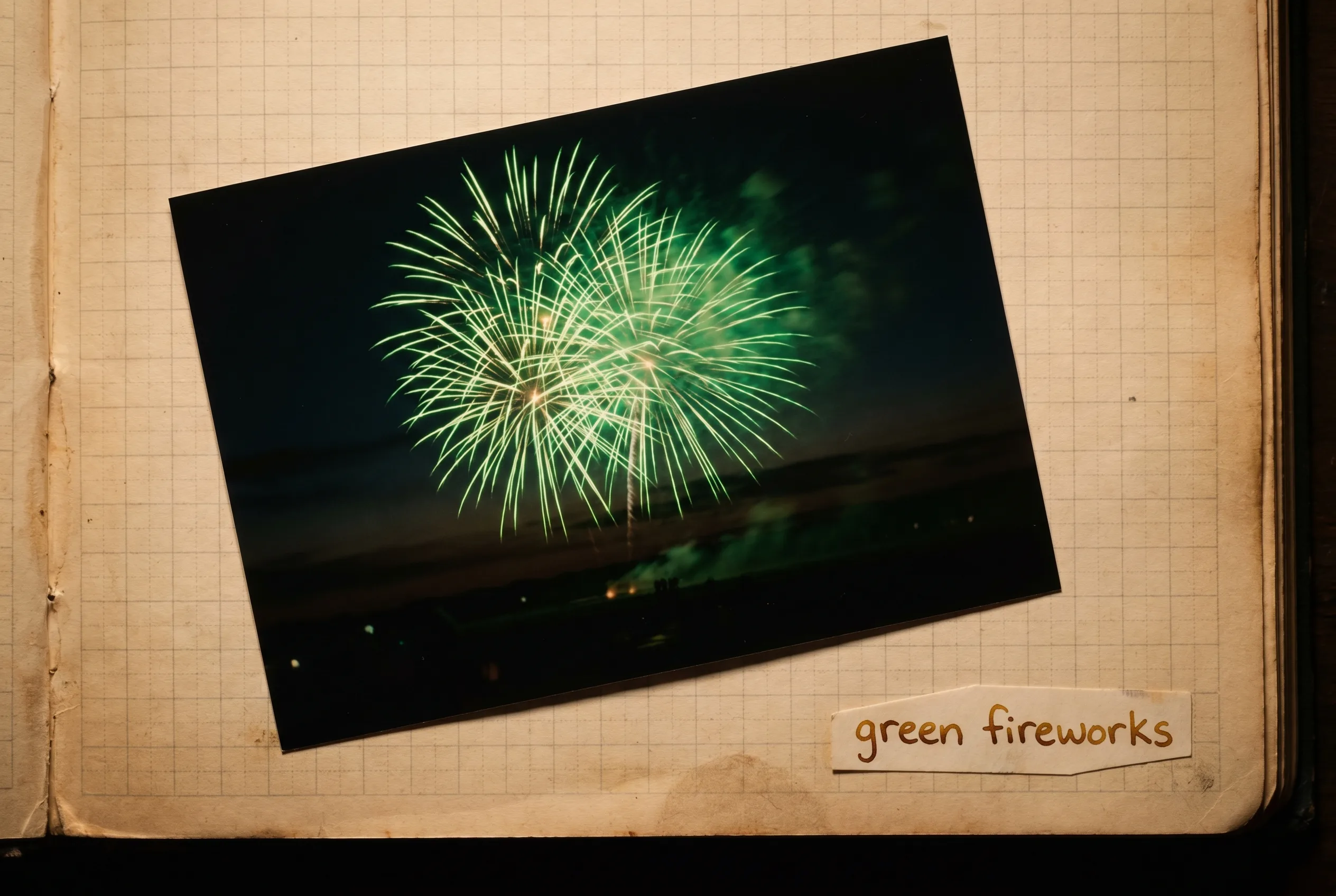 Night sky filled with brilliant green firework bursts.