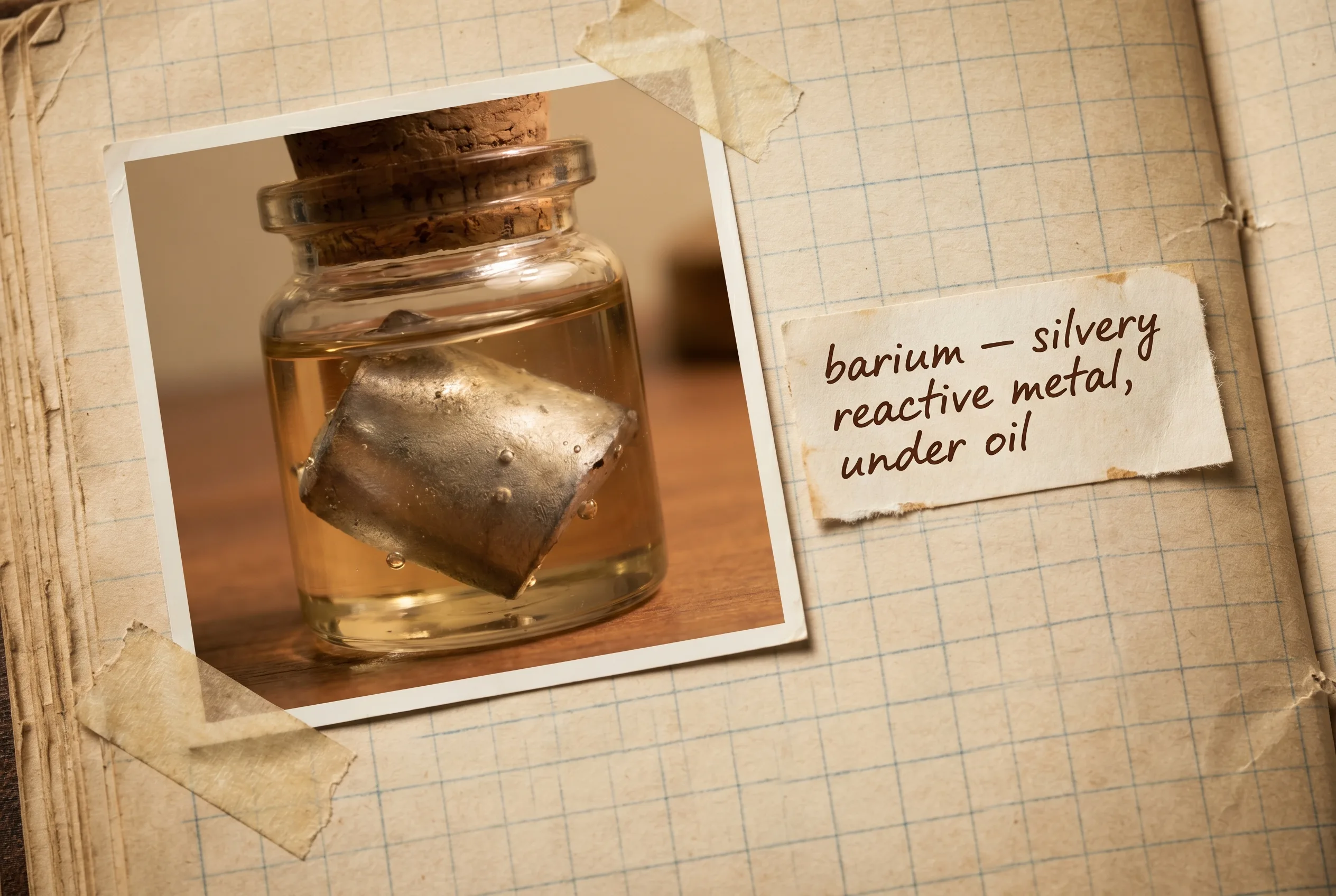 Dull silvery-white metal piece submerged in clear oil inside a glass jar.