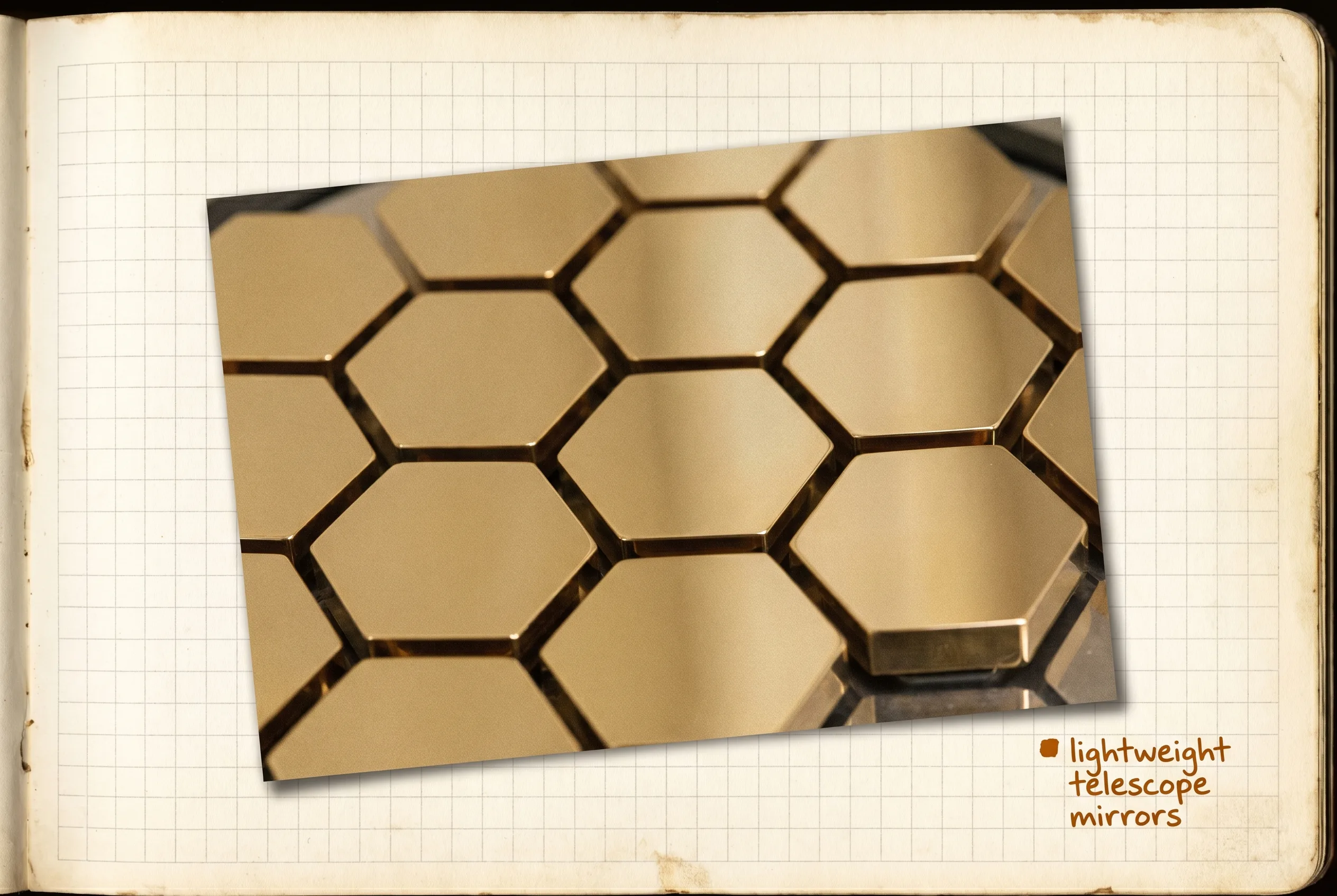 Gold-toned hexagonal space telescope mirror segments in a honeycomb pattern.