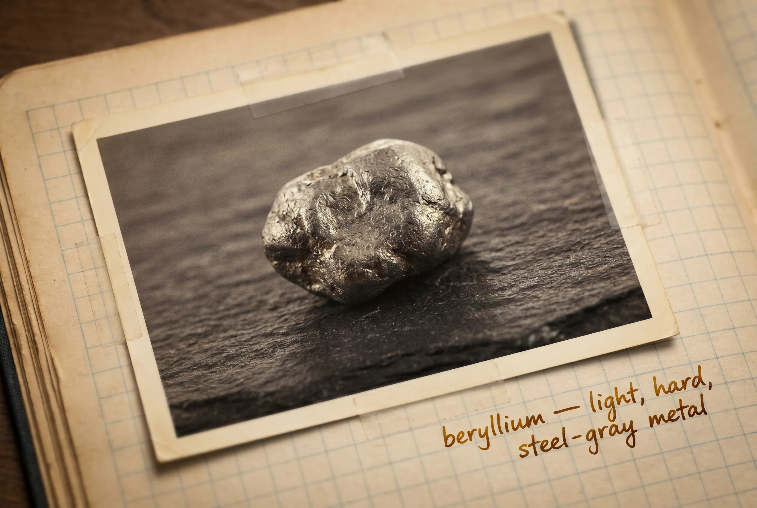 A dull steel-gray lump of beryllium metal on dark slate.