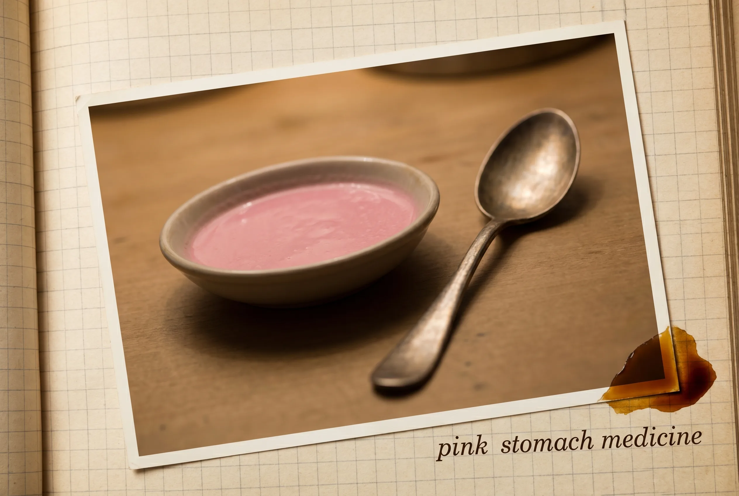 Small dish of chalky pink antacid liquid beside a spoon in soft warm light.