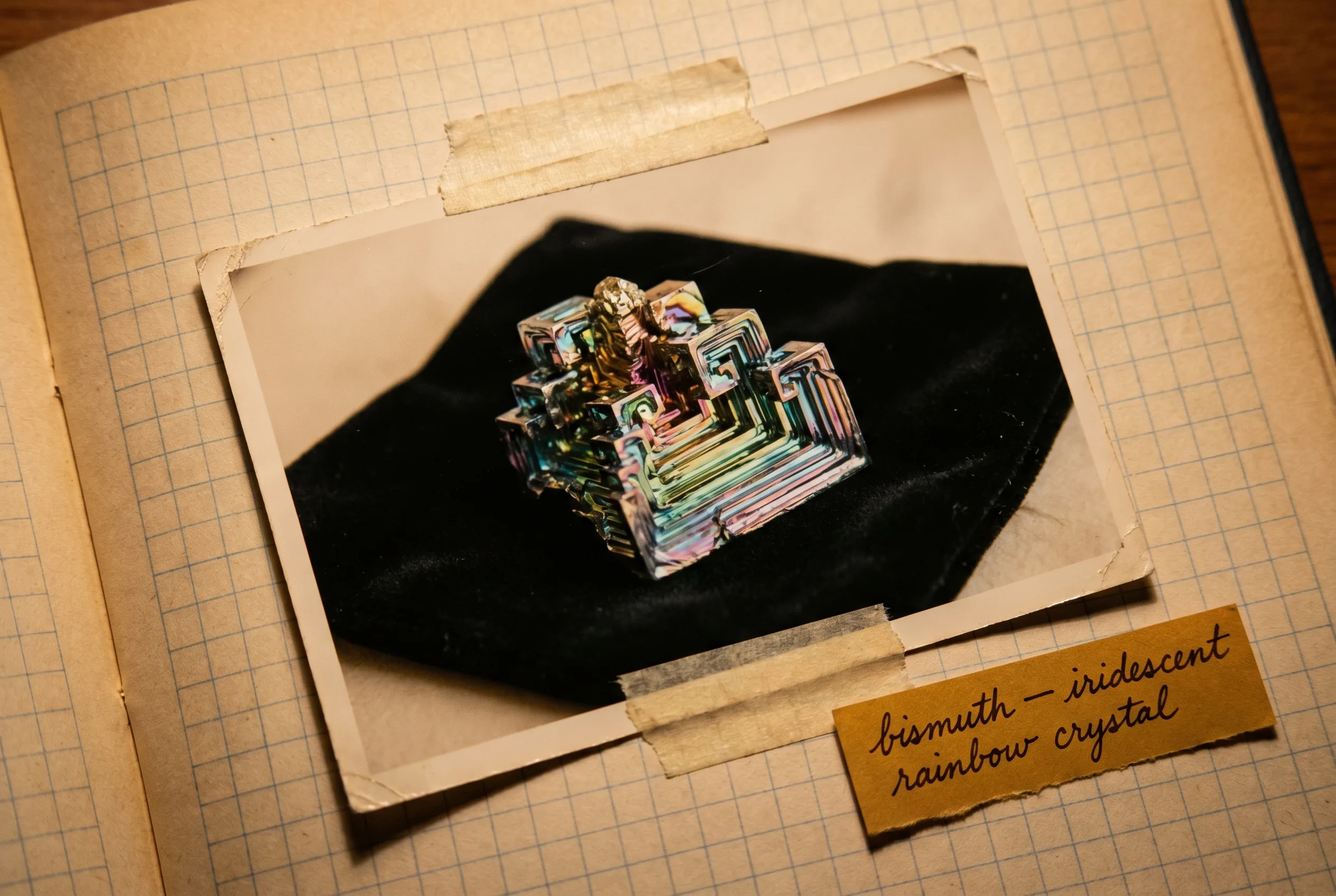 Lab-grown bismuth hopper crystal with iridescent pink, blue and gold stepped facets on black velvet.