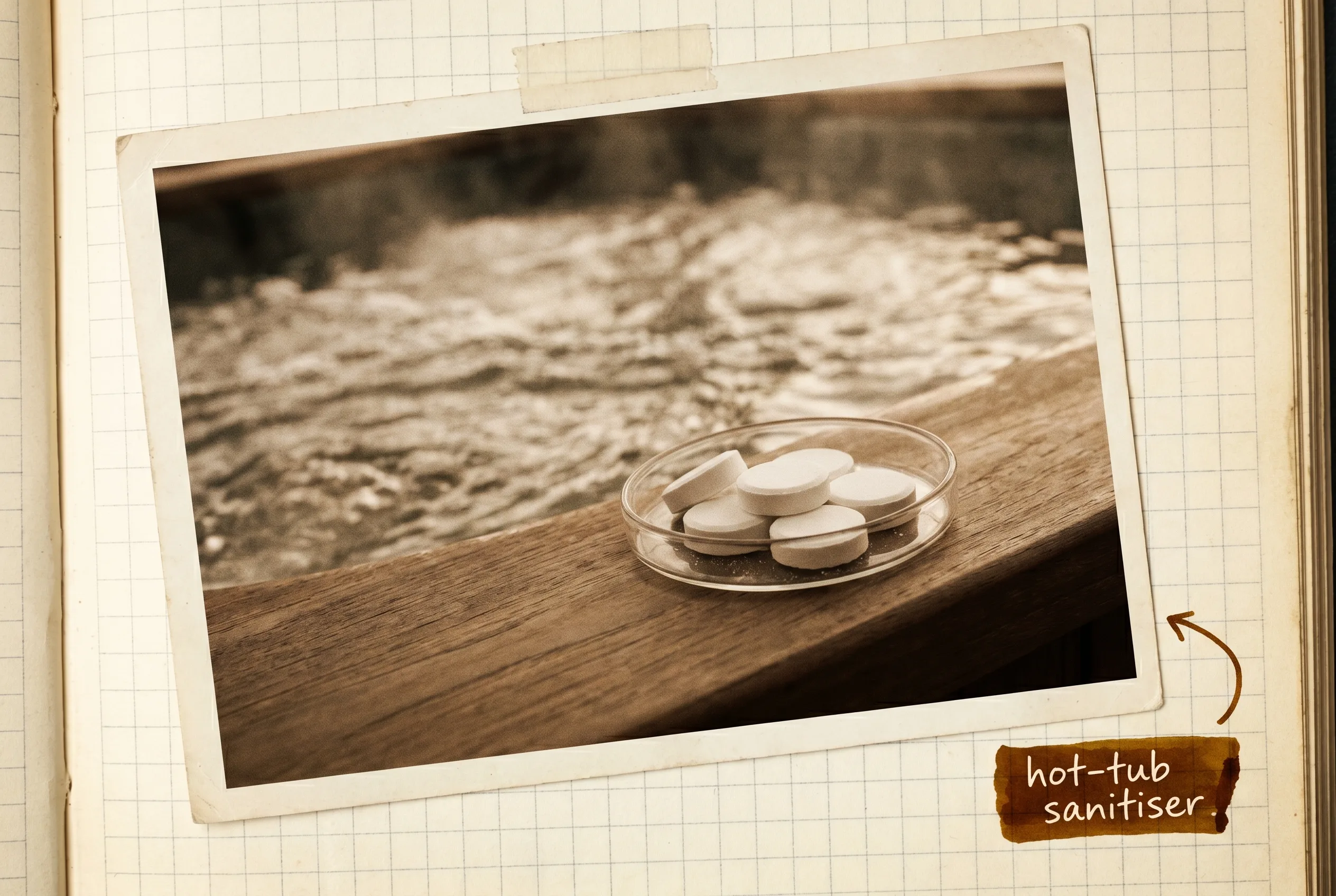 Plain white sanitizing tablets in a glass dish beside a hot tub’s rippling water.