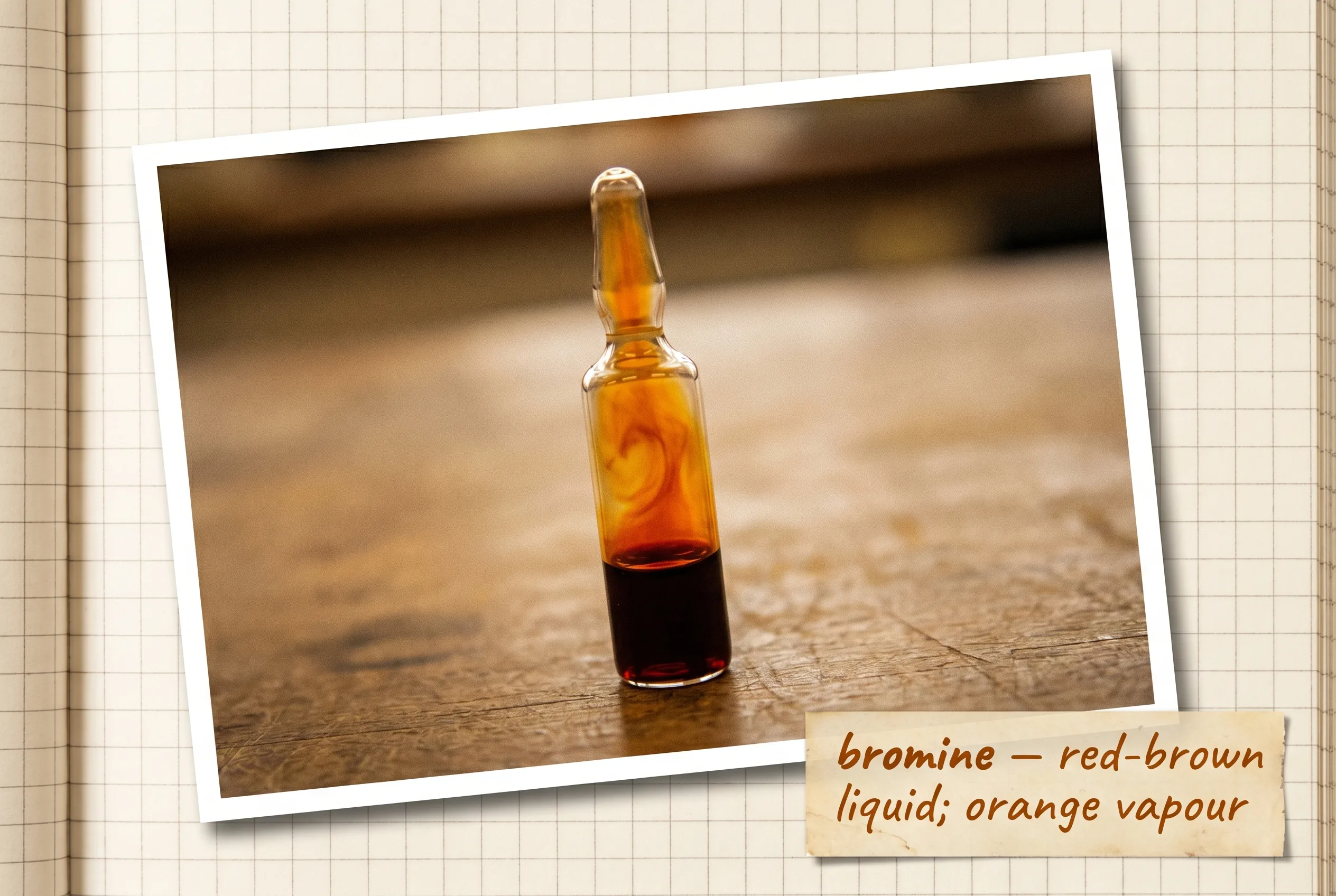 A sealed glass ampoule of dark red-brown liquid bromine with orange-brown vapor above it.