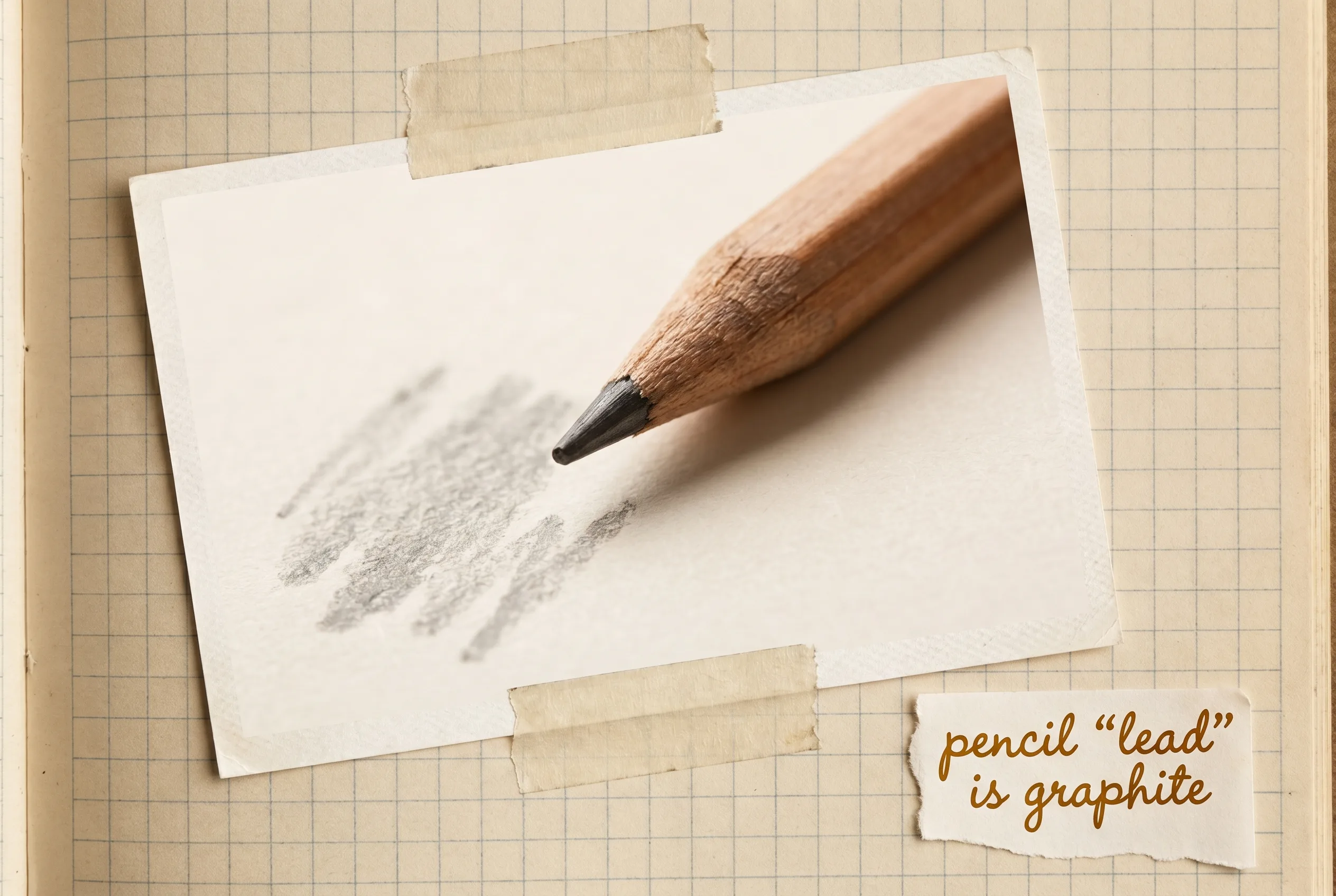 A sharpened pencil tip on white paper beside a few grey graphite strokes.