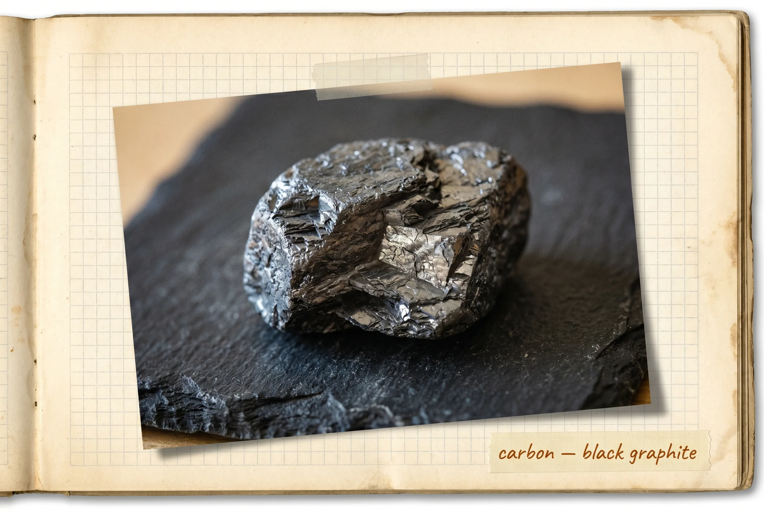 A chunk of dark grey-black graphite with a flaky layered surface on black slate.