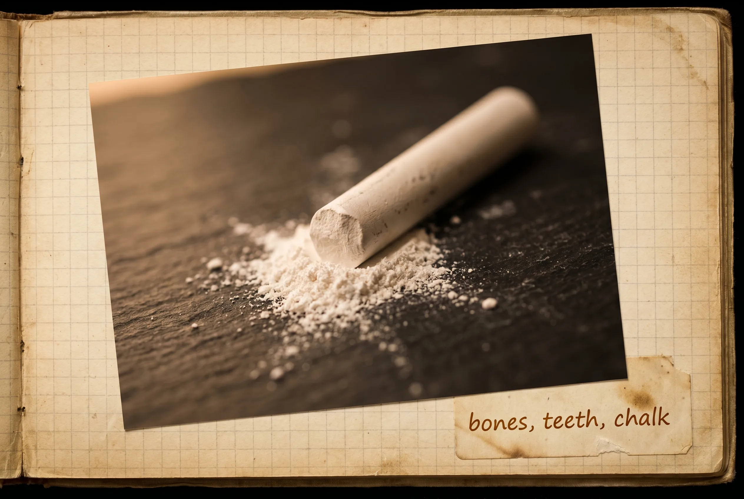 A stick of white chalk lying in a drift of its own powder on dark slate.