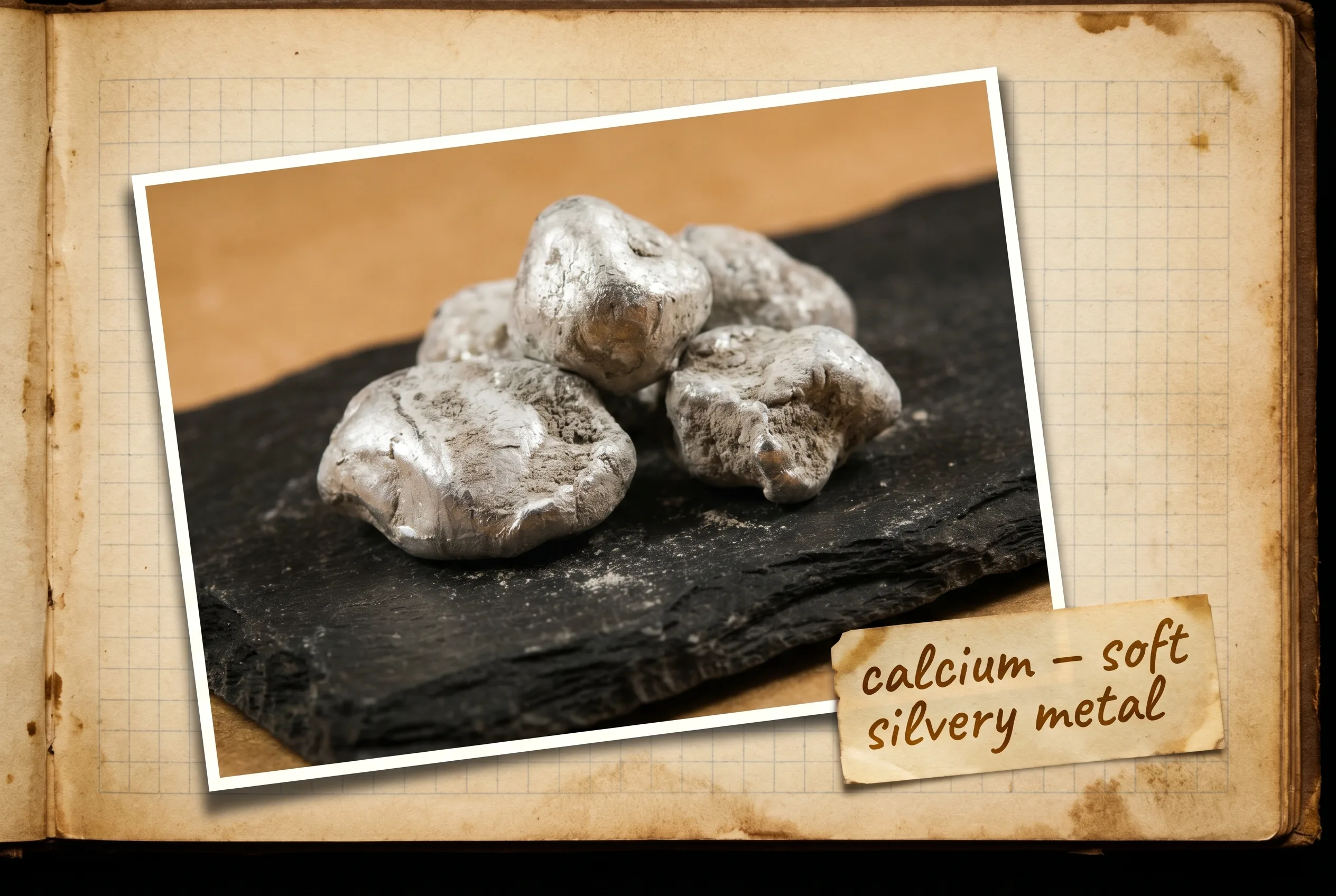 Lumps of soft silvery-white calcium metal with a dull greyish surface on slate.