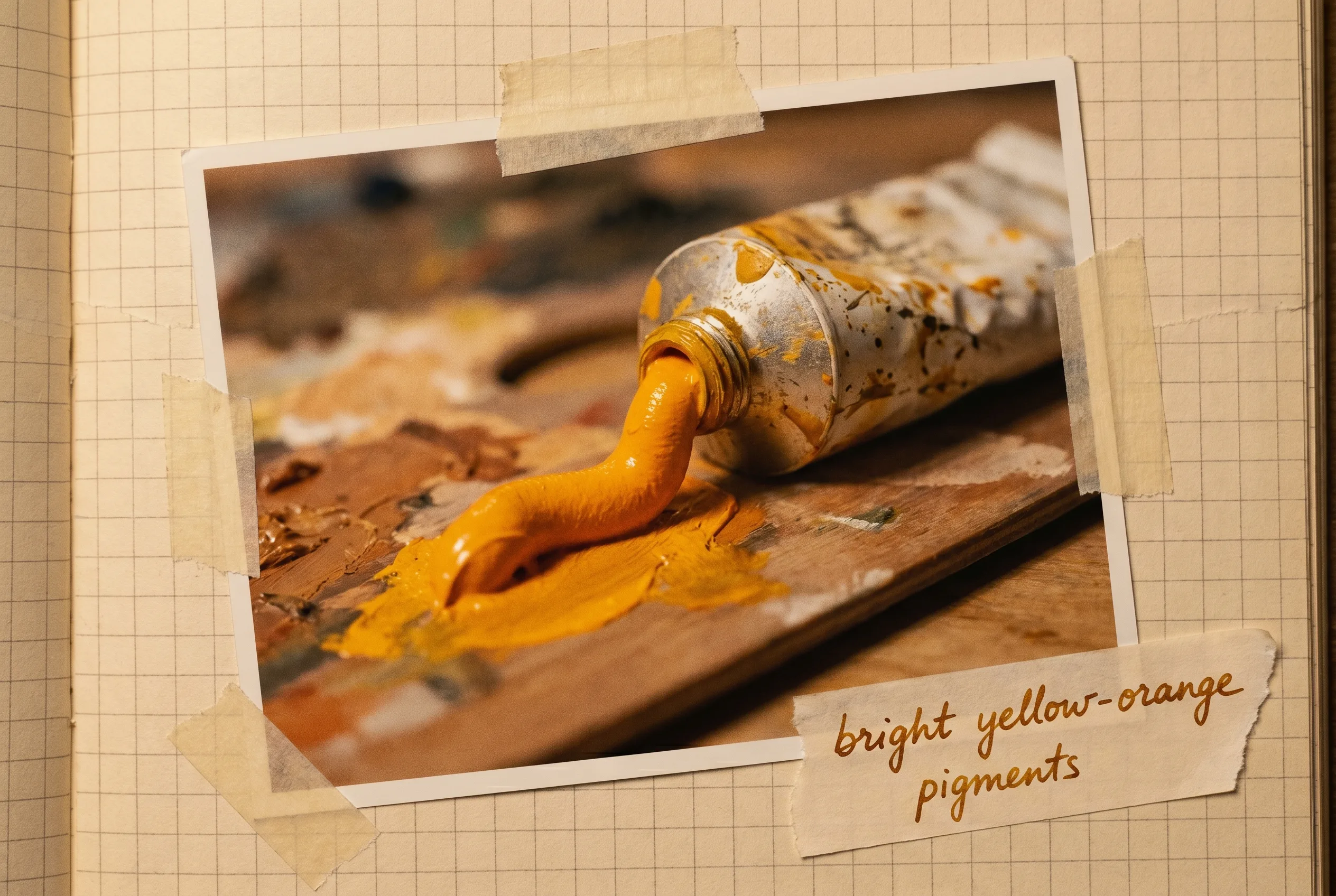Tube of bright yellow-orange oil paint squeezed onto a palette.