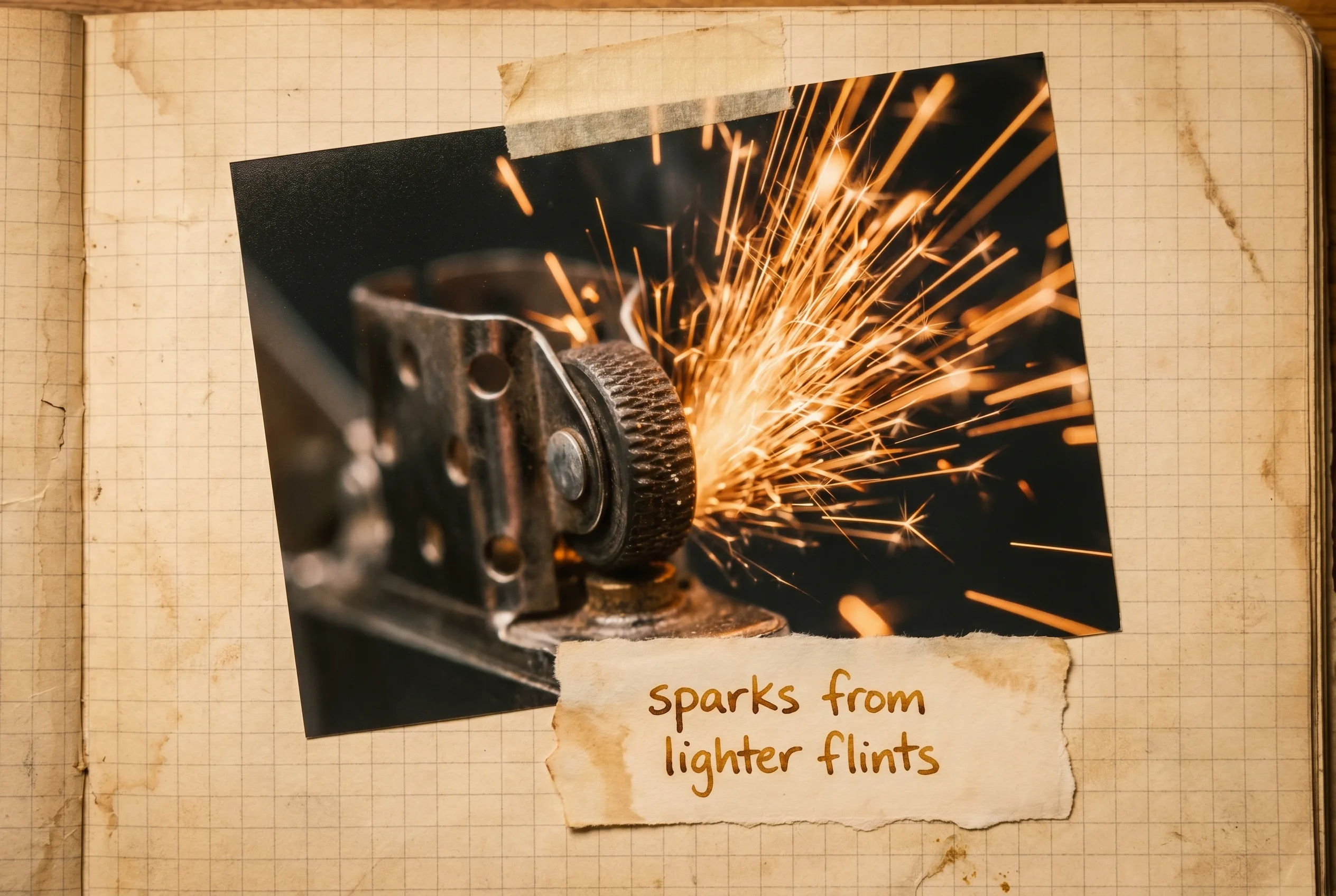 A lighter flint wheel throwing a bright shower of orange sparks in the dark.