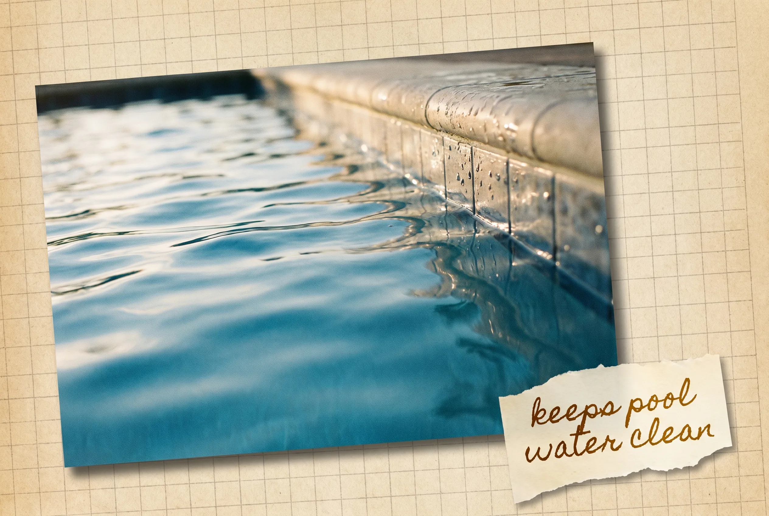 The calm blue surface of a swimming pool with sunlight rippling on it.