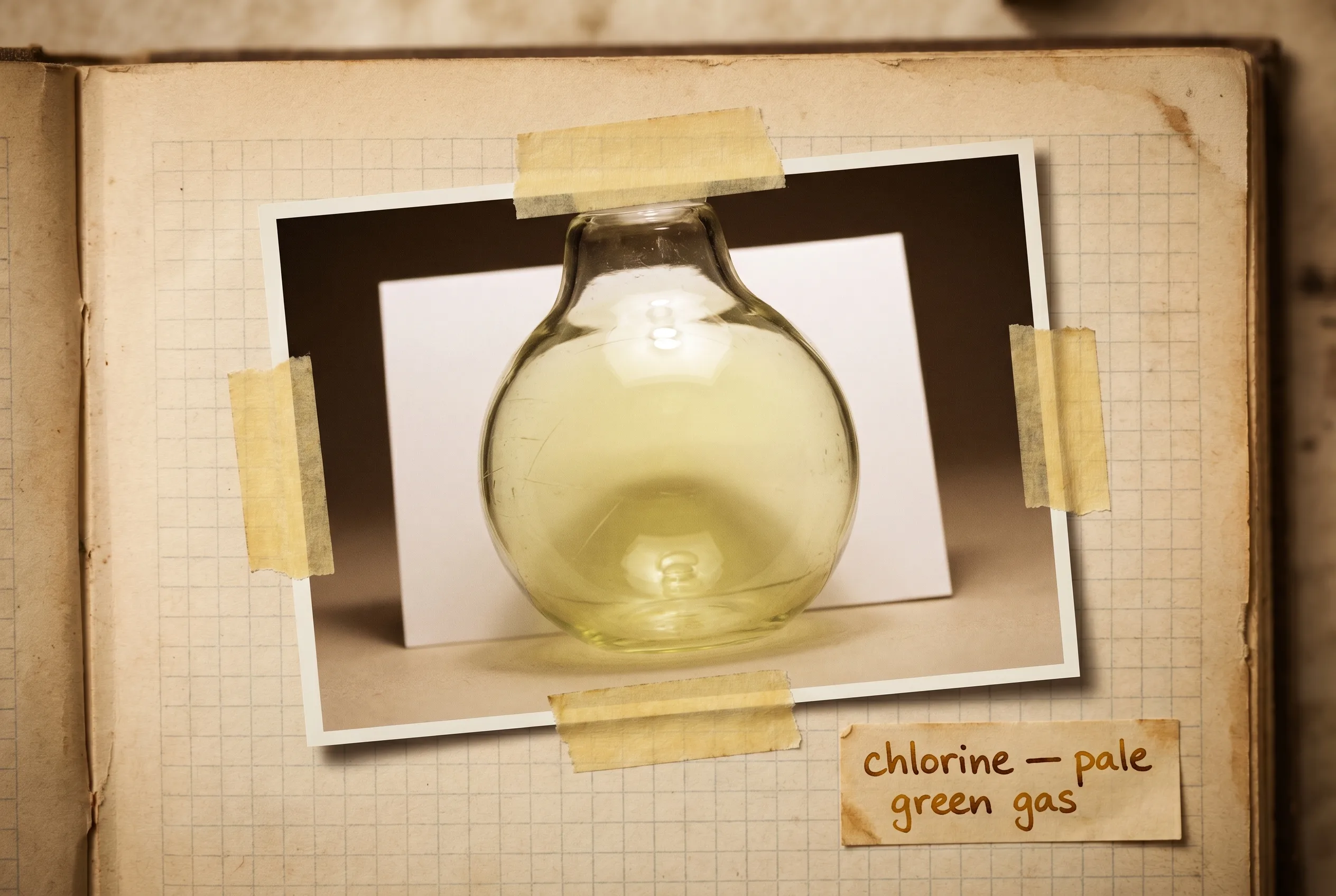 A sealed glass flask of pale yellow-green chlorine gas against a white card.