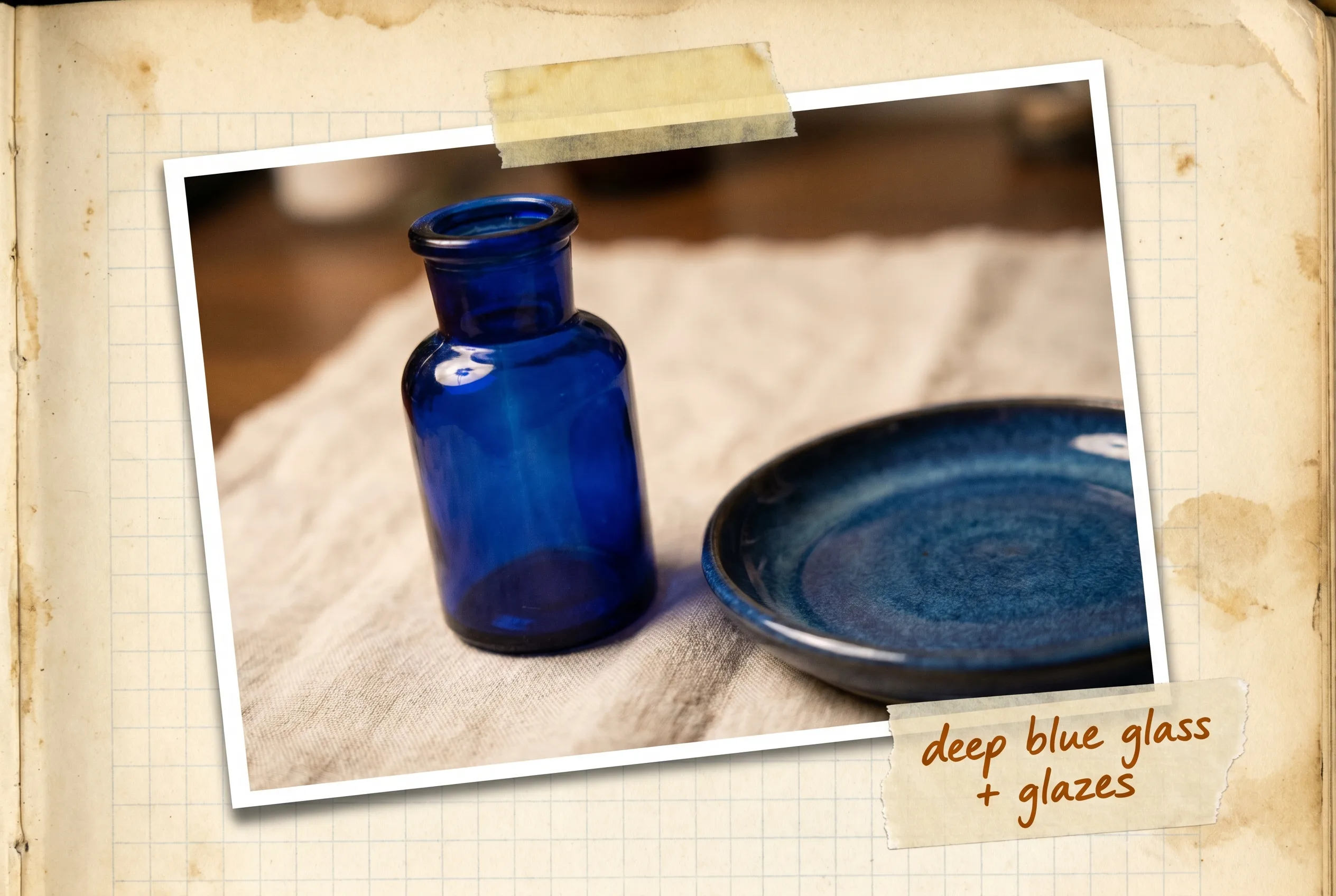 A deep cobalt-blue glass bottle and a blue-glazed ceramic dish on a pale cloth.