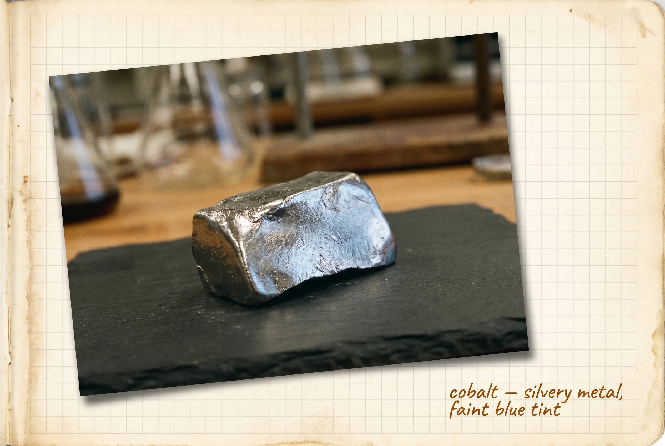 A solid piece of lustrous silvery-gray cobalt metal with a faint blue tint on dark slate.