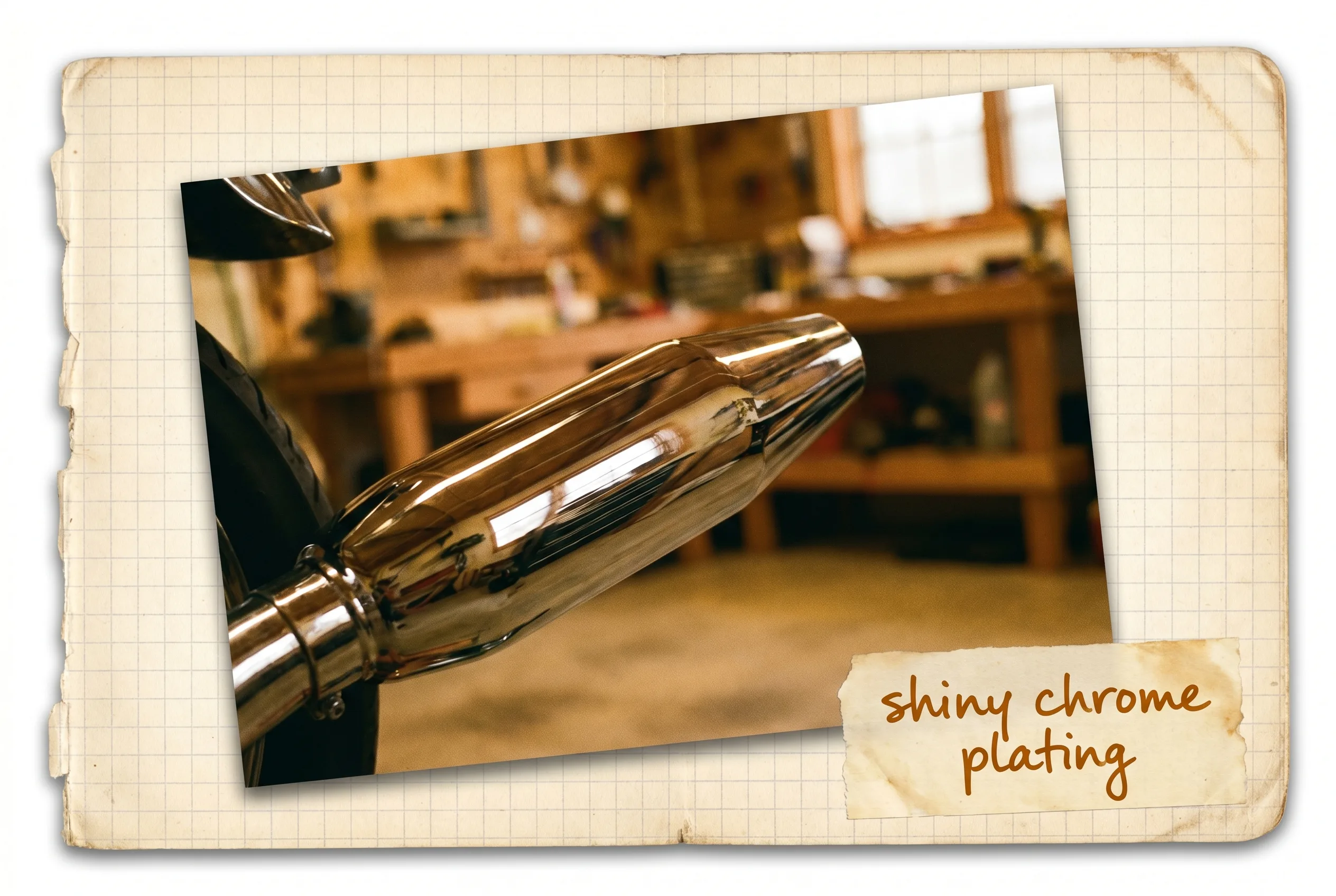 A mirror-bright chrome-plated motorcycle exhaust pipe reflecting its surroundings.