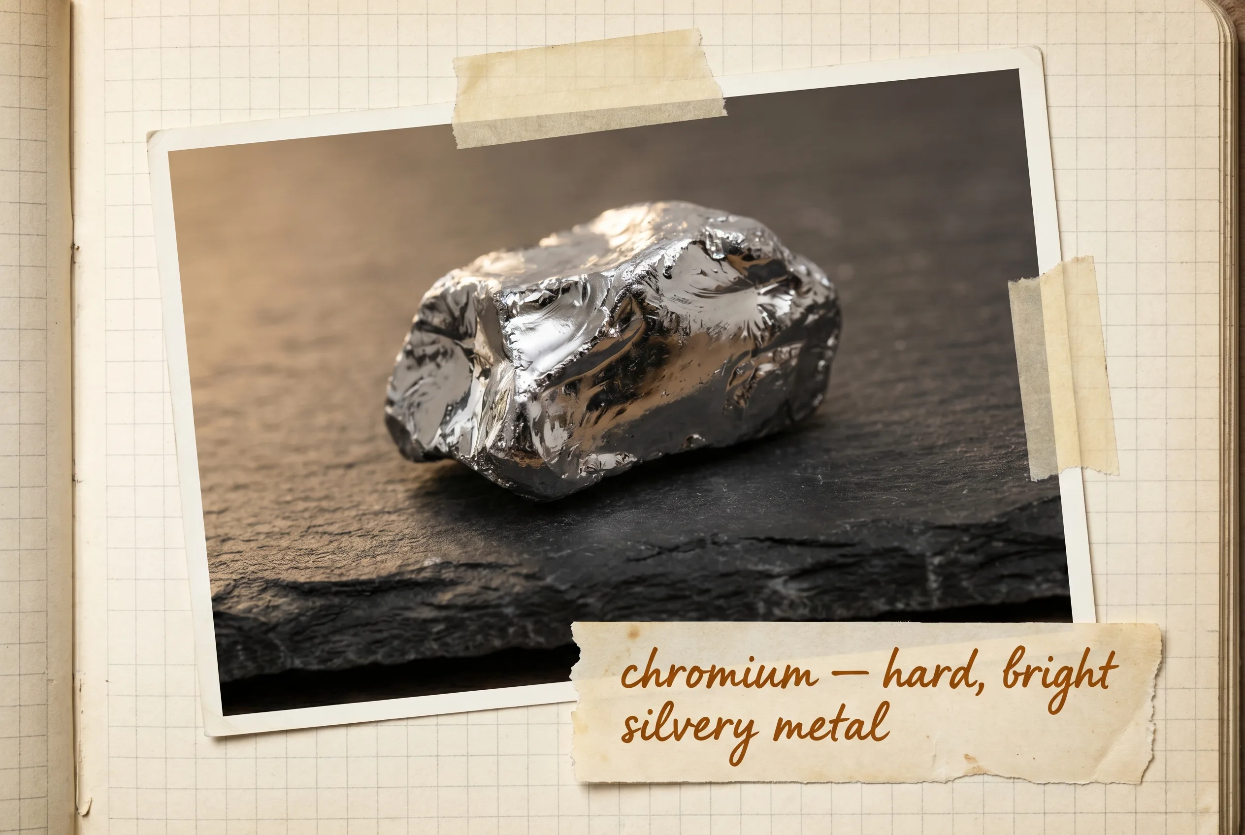 A lump of chromium metal with a bright lustrous silvery surface on dark slate.