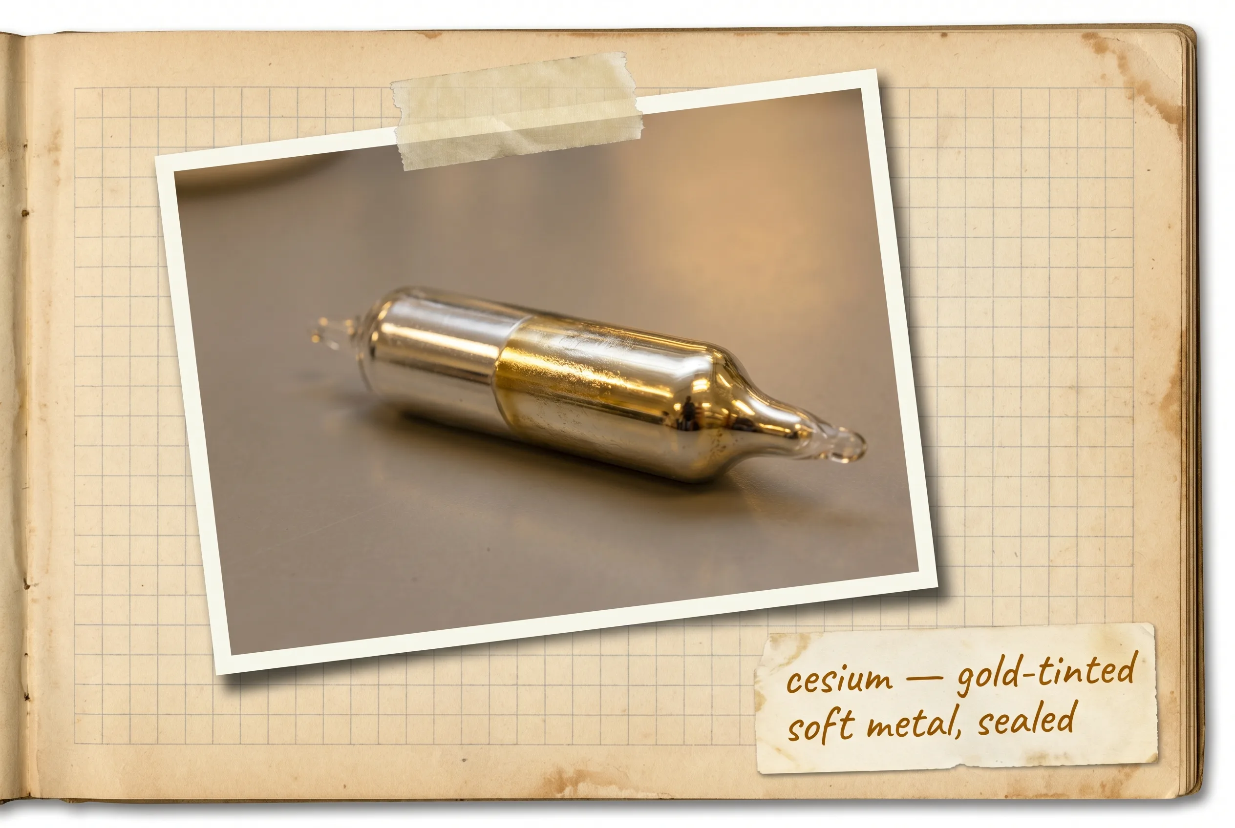 Sealed glass ampoule holding soft gold-tinted silvery cesium metal.
