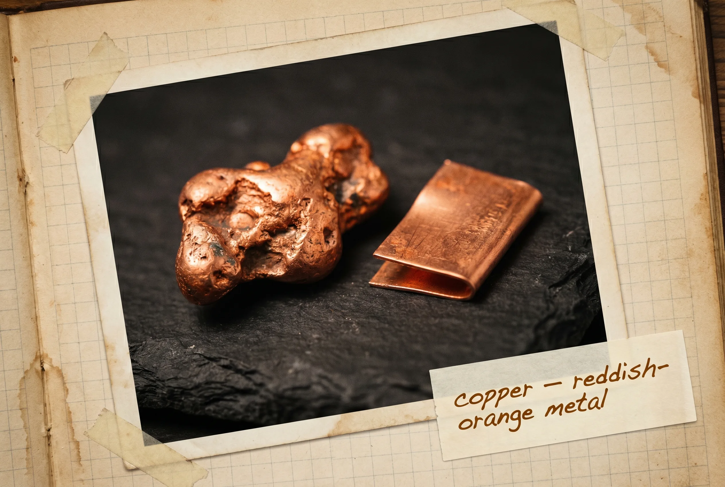 A raw copper nugget and folded sheet, reddish-orange with a bright luster, on slate.