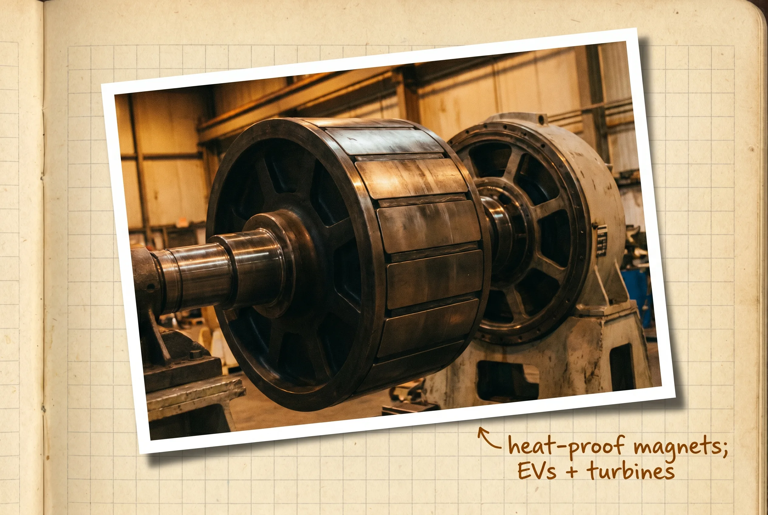 Dark magnet rotor from an electric-motor beside a wind-turbine generator hub.