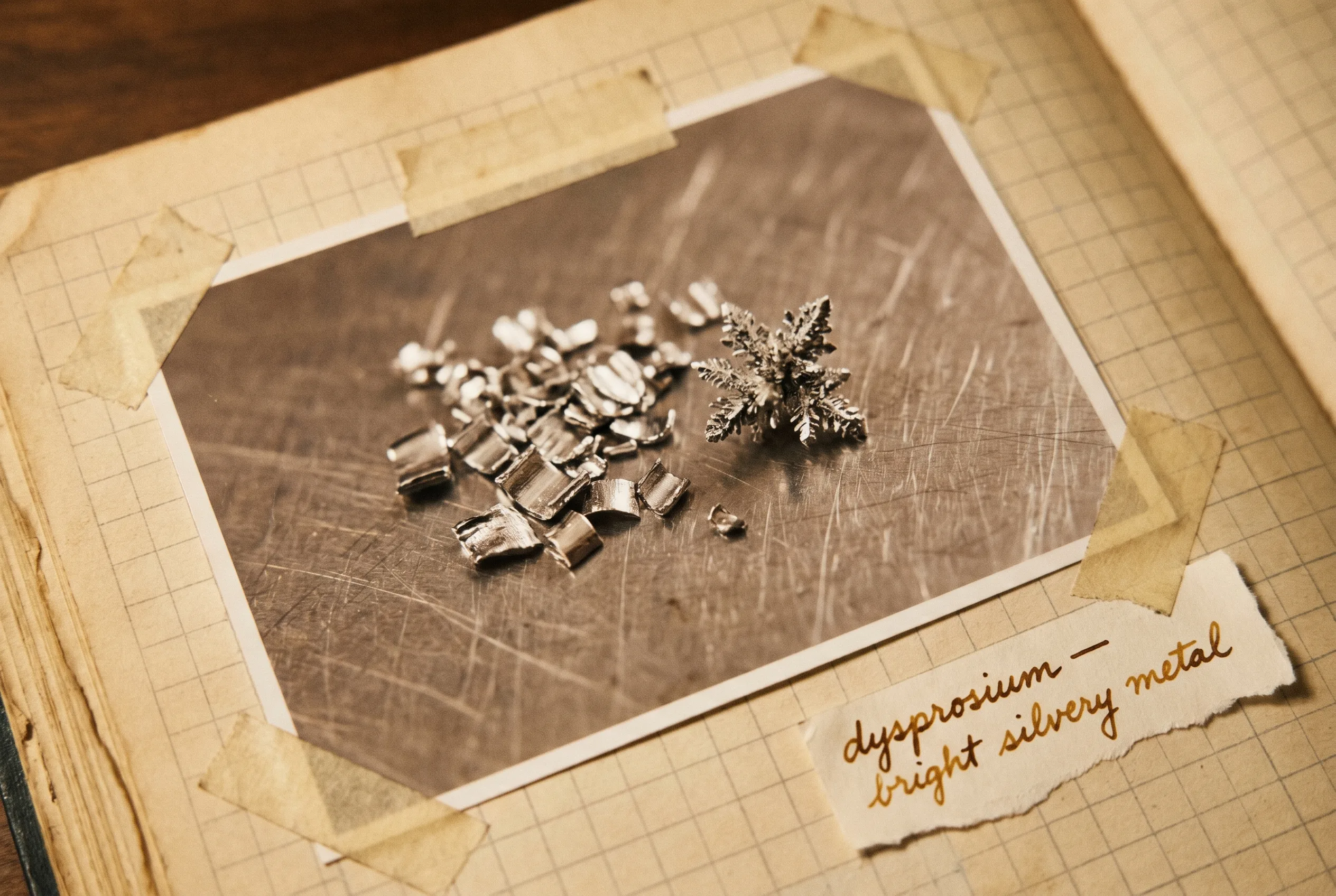 Bright silvery metal chips and a small crystal cluster on a steel plate.