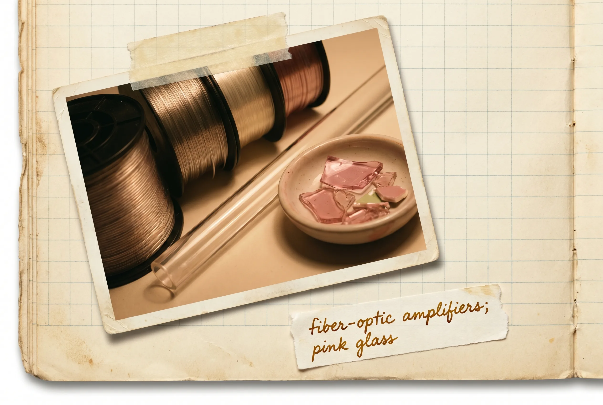Spools of optical fiber beside a dish of rose-pink erbium glass and glaze.