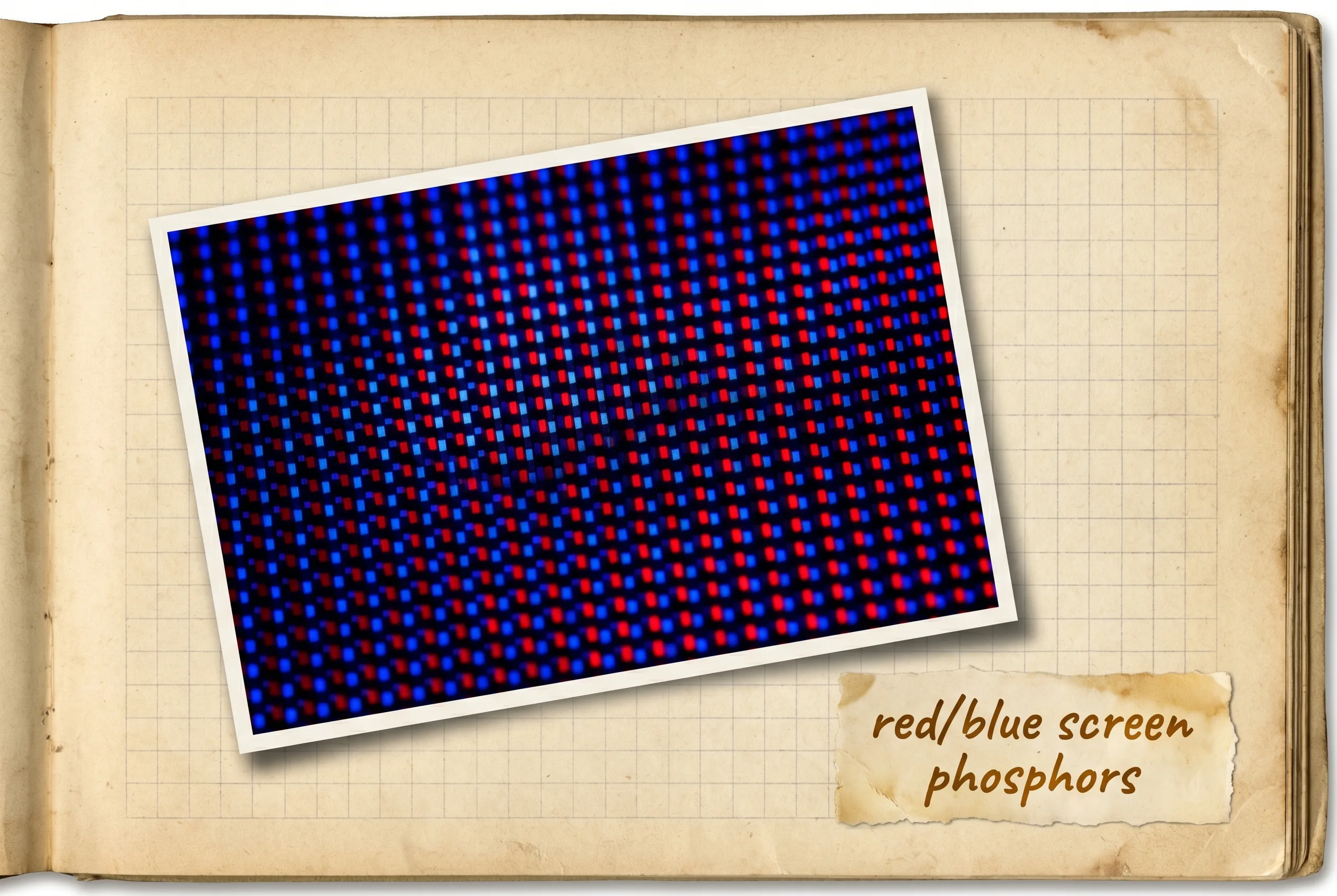 Extreme close-up of a screen showing glowing red and blue subpixels in a grid.