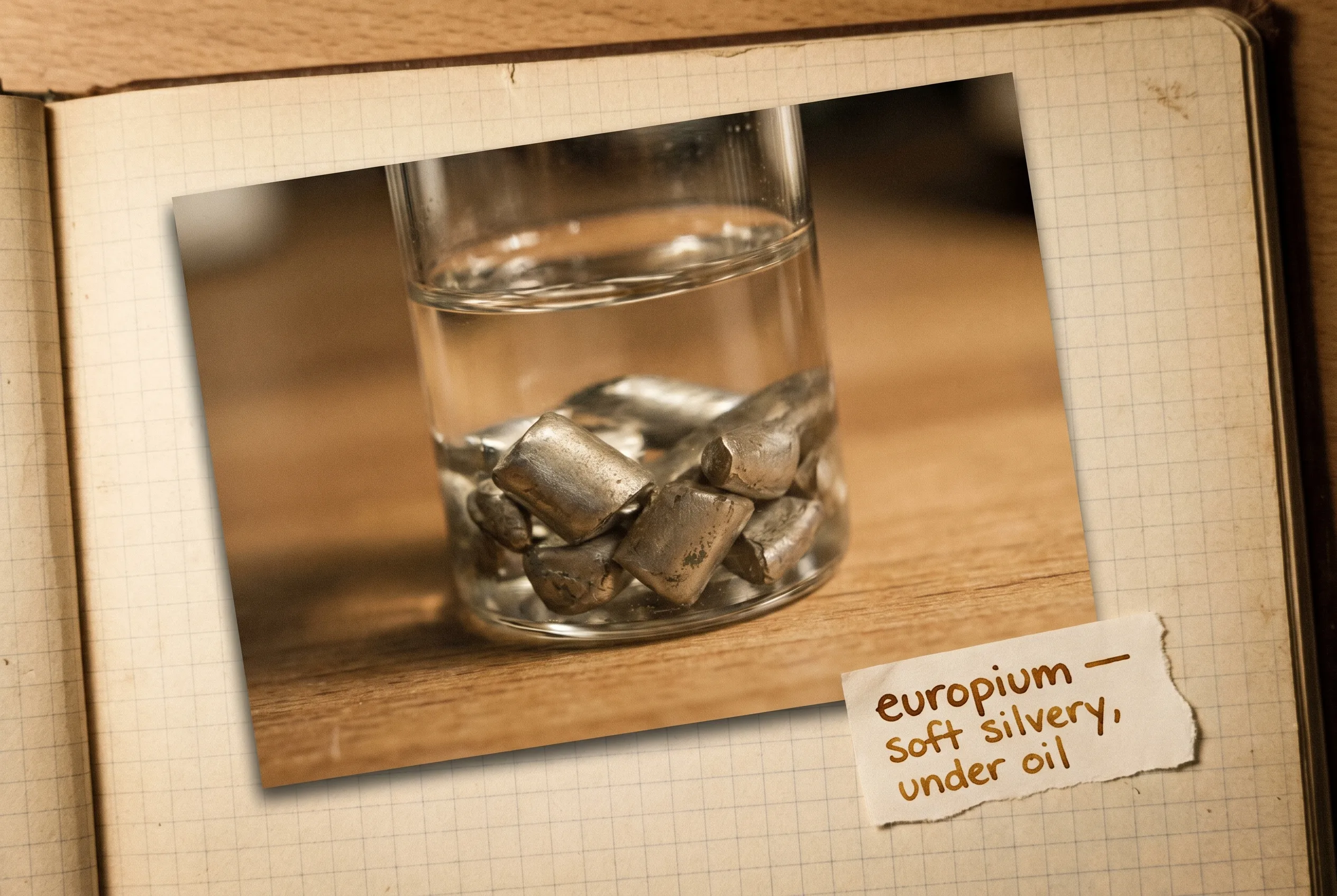 Soft silvery metal pieces submerged in clear oil inside a glass jar.