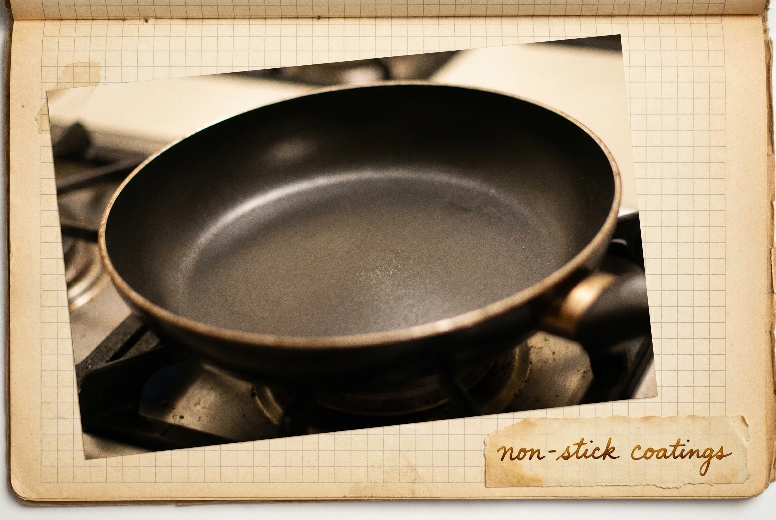 A black non-stick frying pan with a smooth matte coating, seen from above.