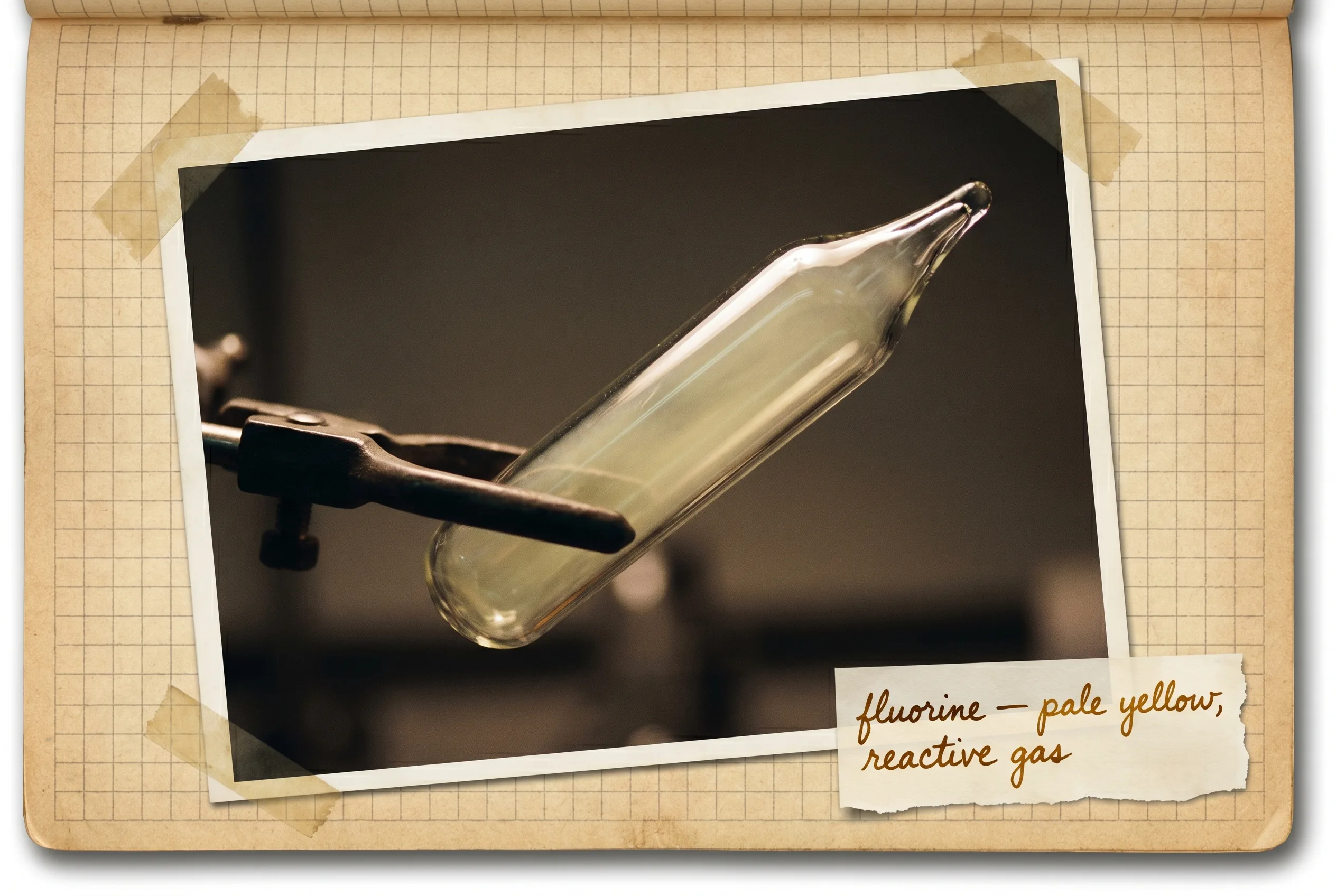 A sealed glass ampoule of pale yellow fluorine gas held in a clamp against a dark background.
