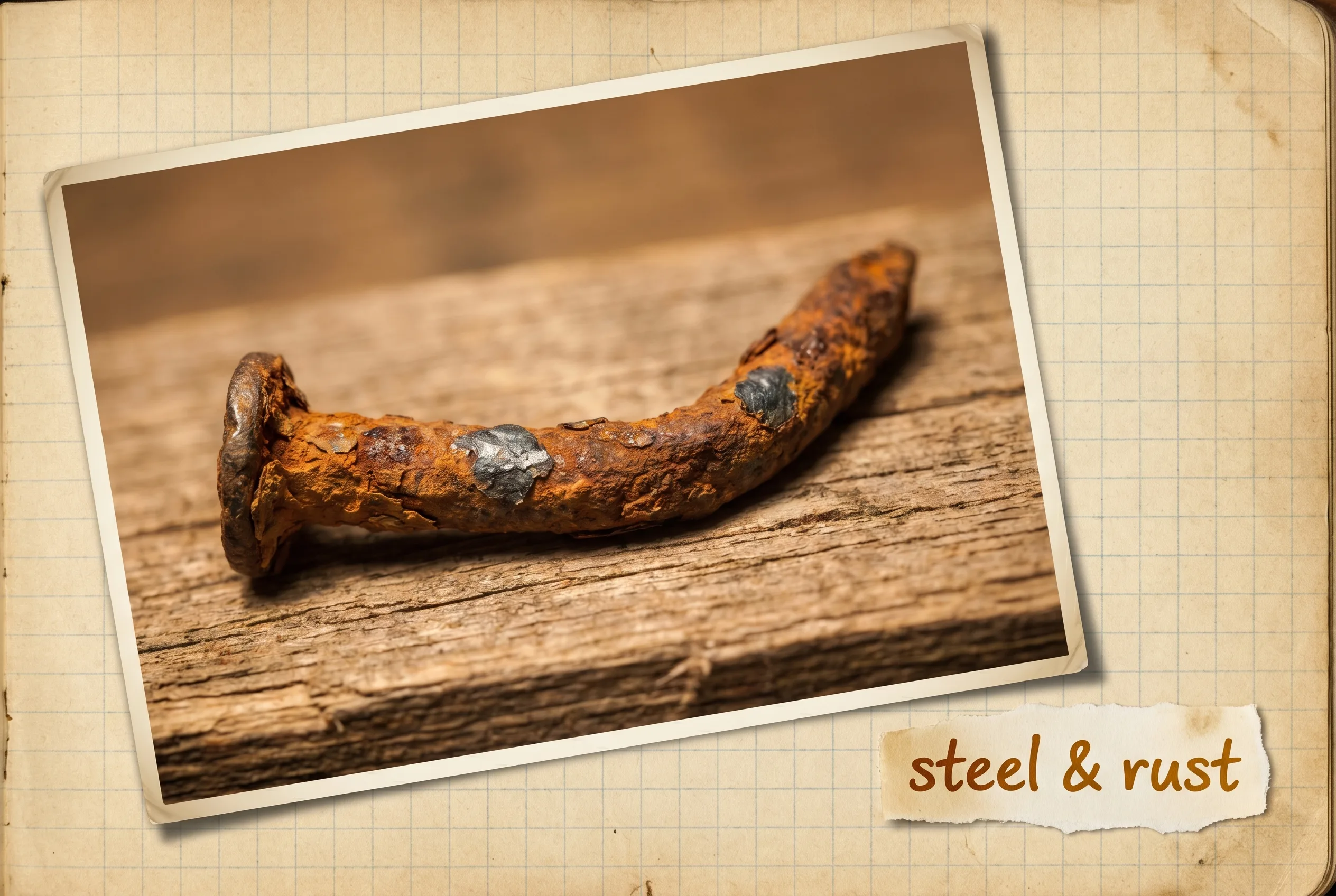 An old iron nail covered in orange-brown rust resting on weathered wood.