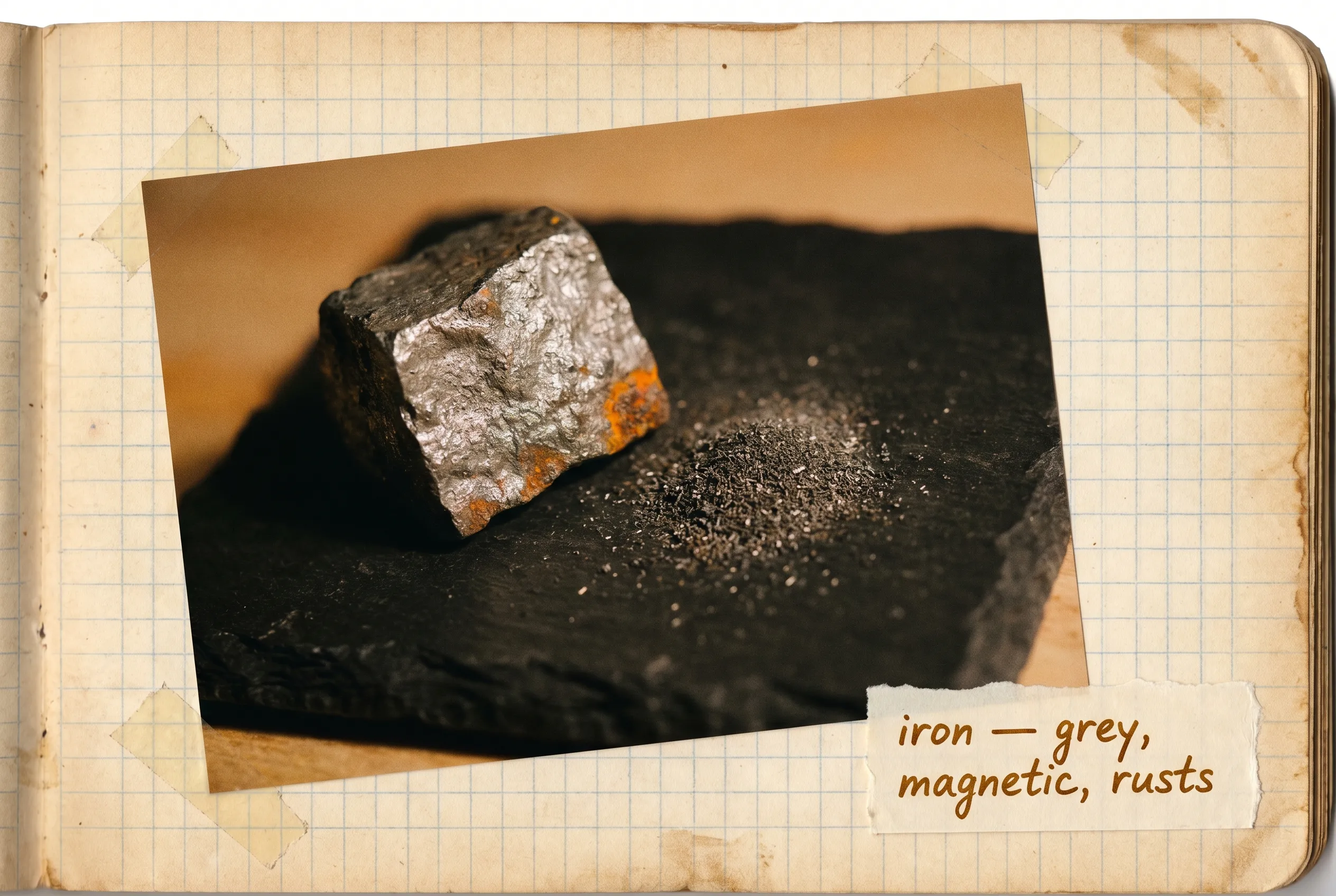 A chunk of grey iron and a heap of dark iron filings with a hint of rust, on slate.