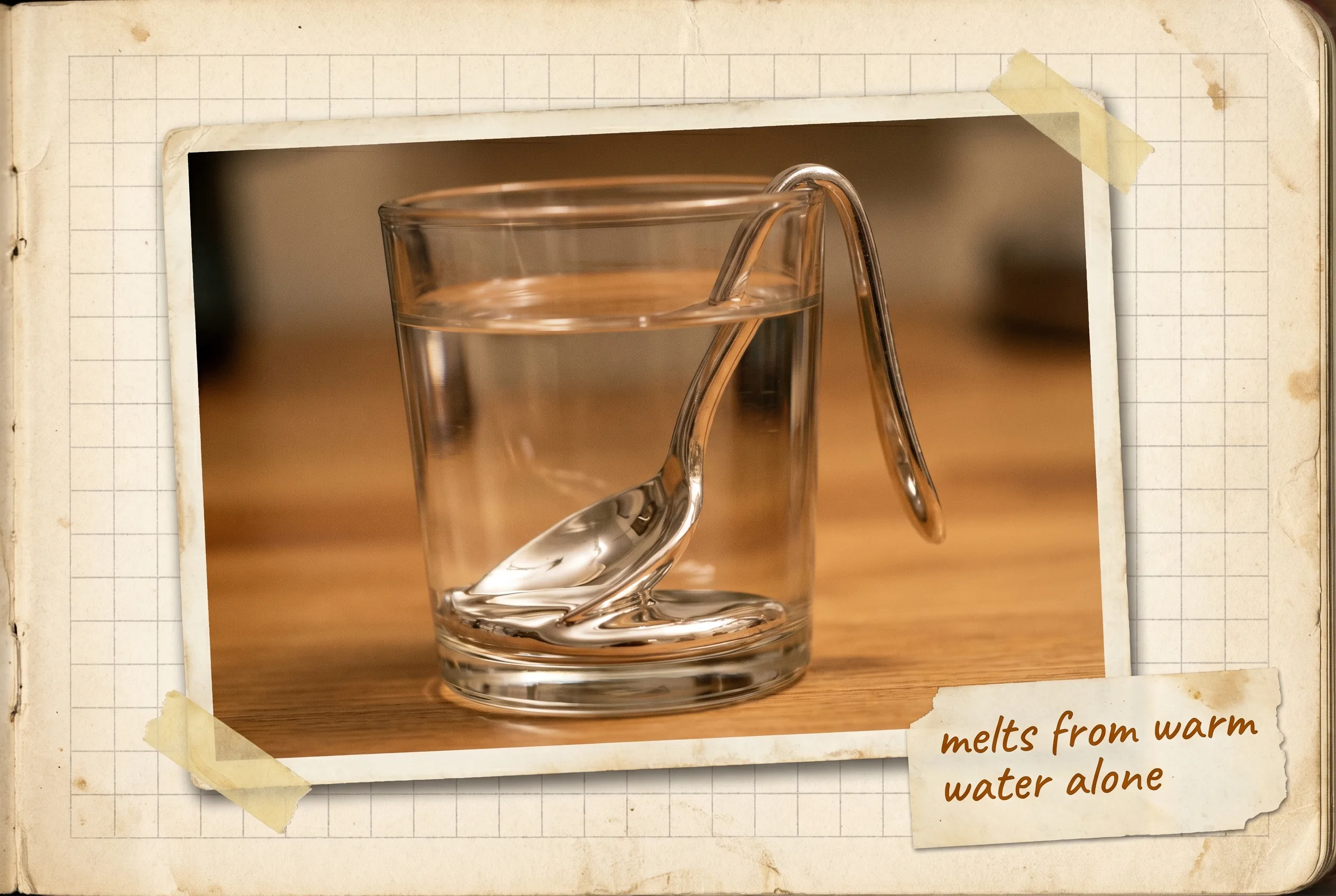 A silvery metal spoon drooping and slumping as it melts inside a glass of warm water.