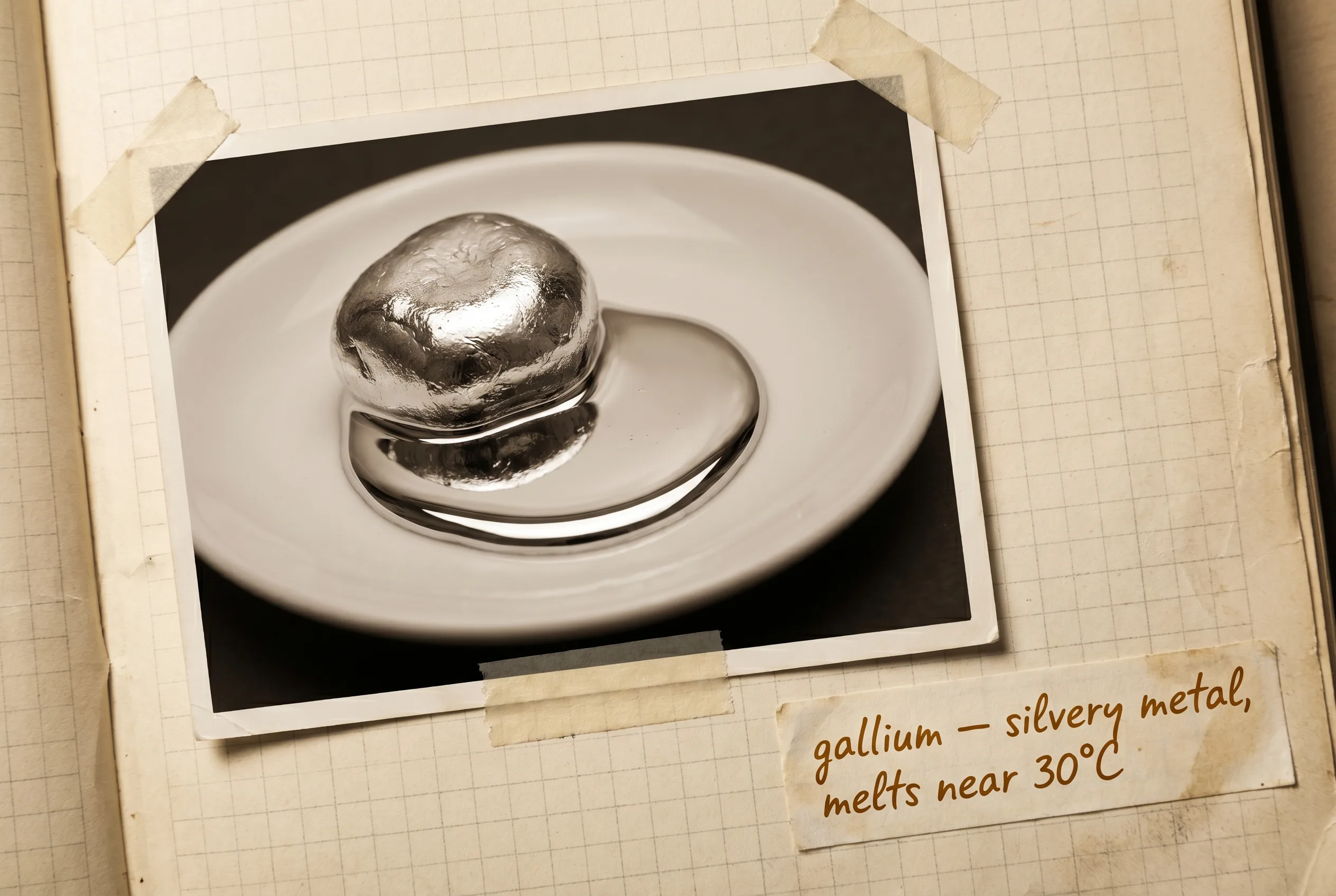 A shiny silvery gallium lump half-melted into a mirror-bright puddle on a white dish.