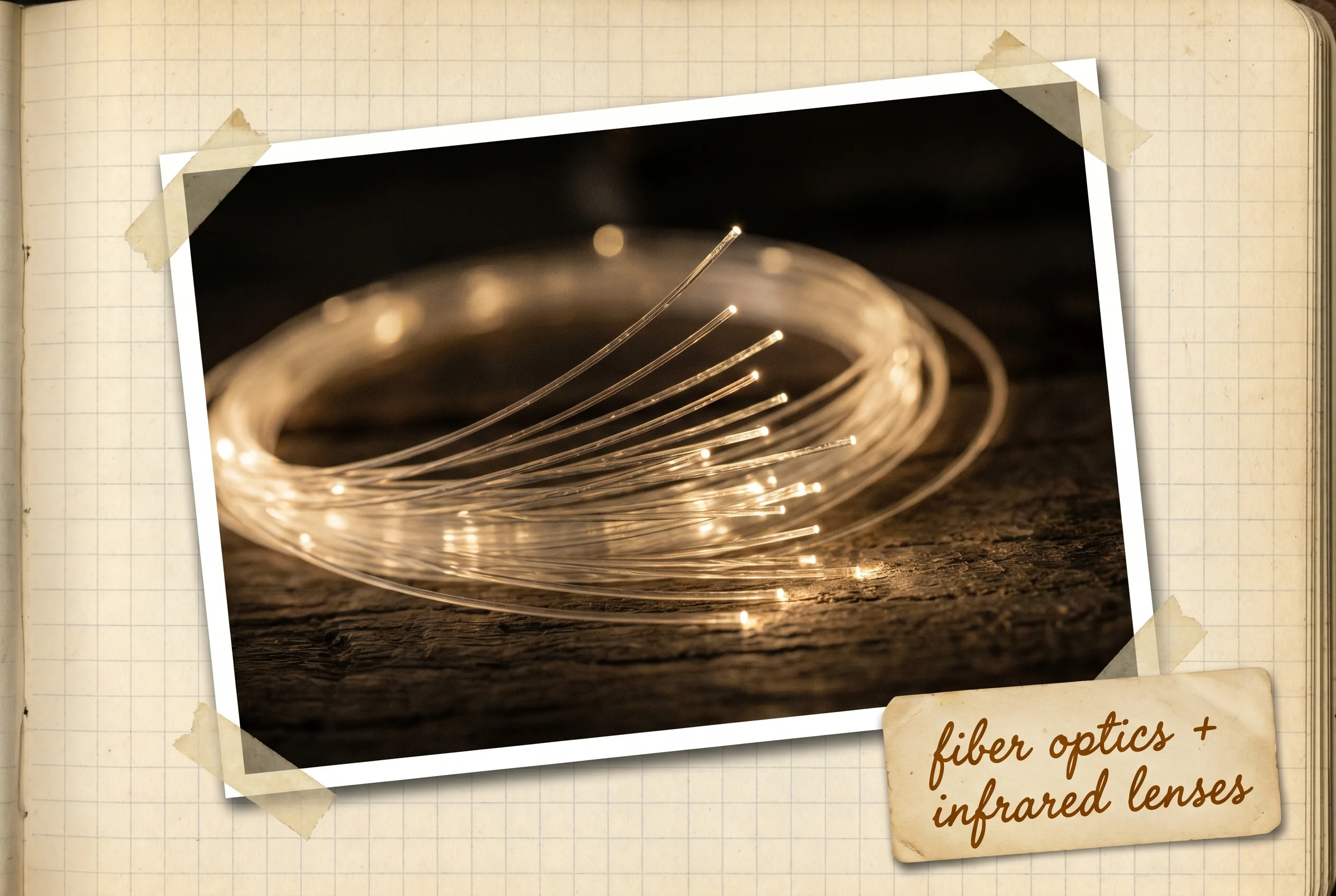 A fanned coil of fiber-optic strands each glowing with a pinpoint of light in the dark.