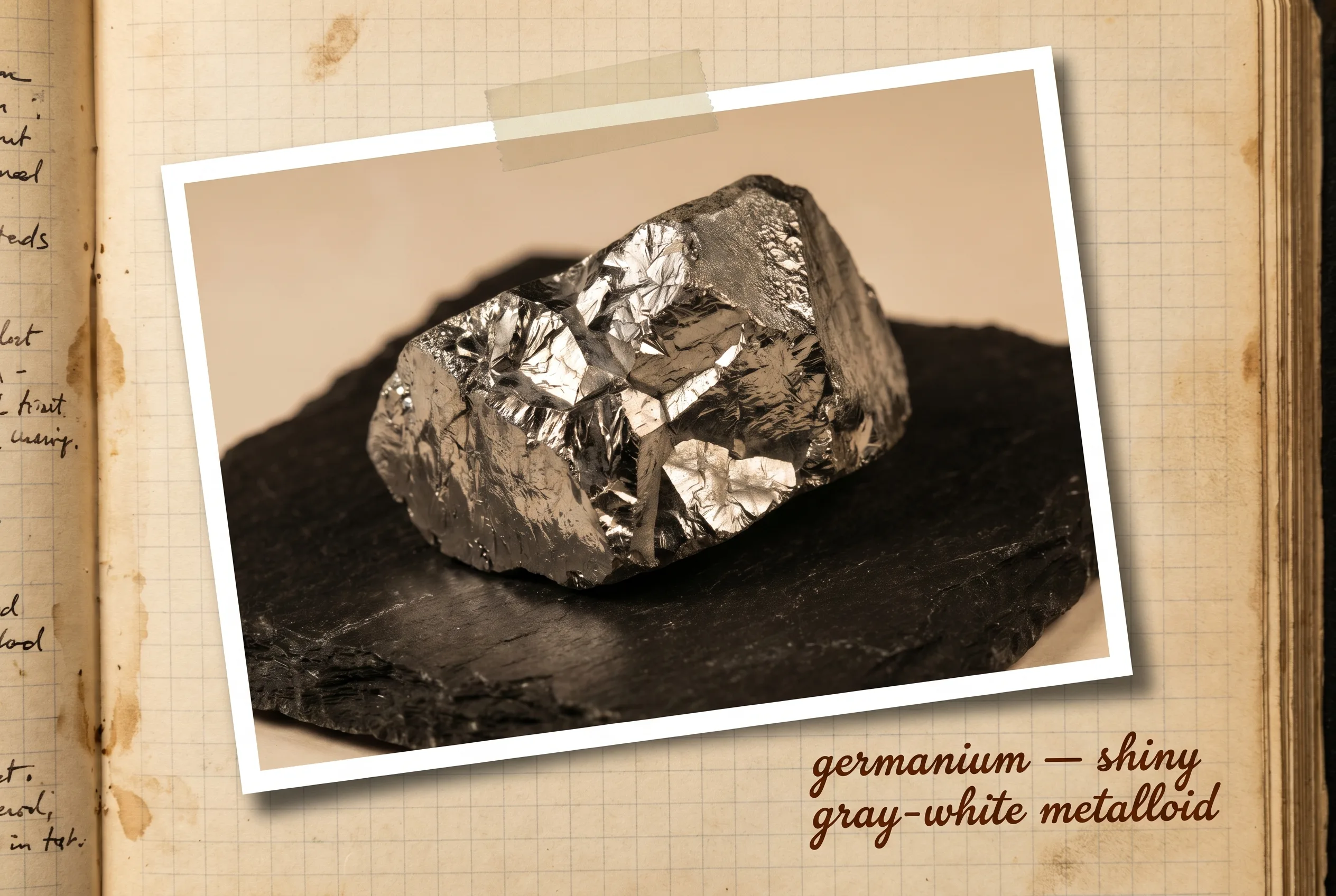 A brittle grayish-white germanium crystal chunk with a faceted fracture on black slate.