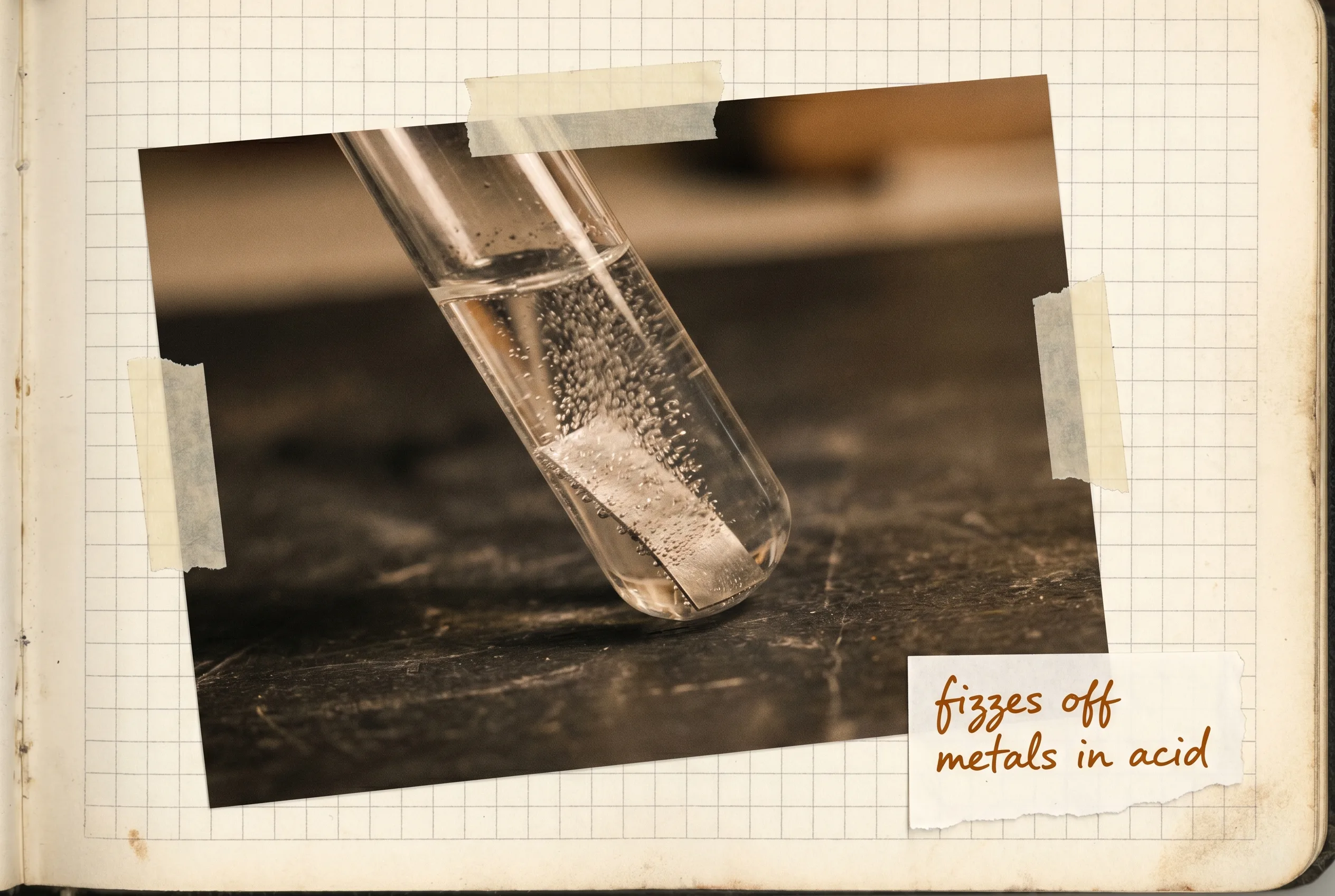 Tiny gas bubbles rising off a metal strip in a test tube of clear acid.