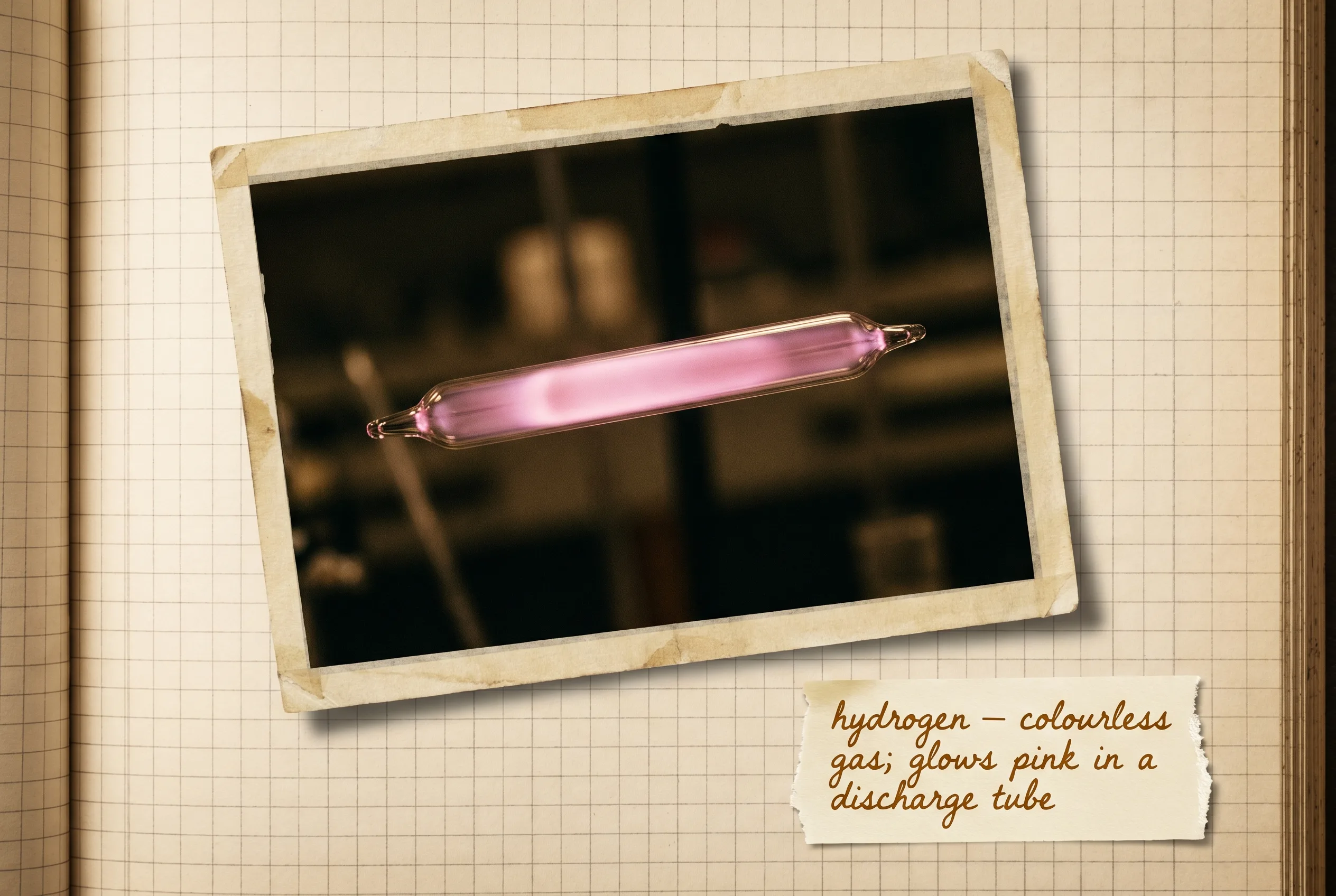 A slim glass discharge tube glowing pink against a dark background.