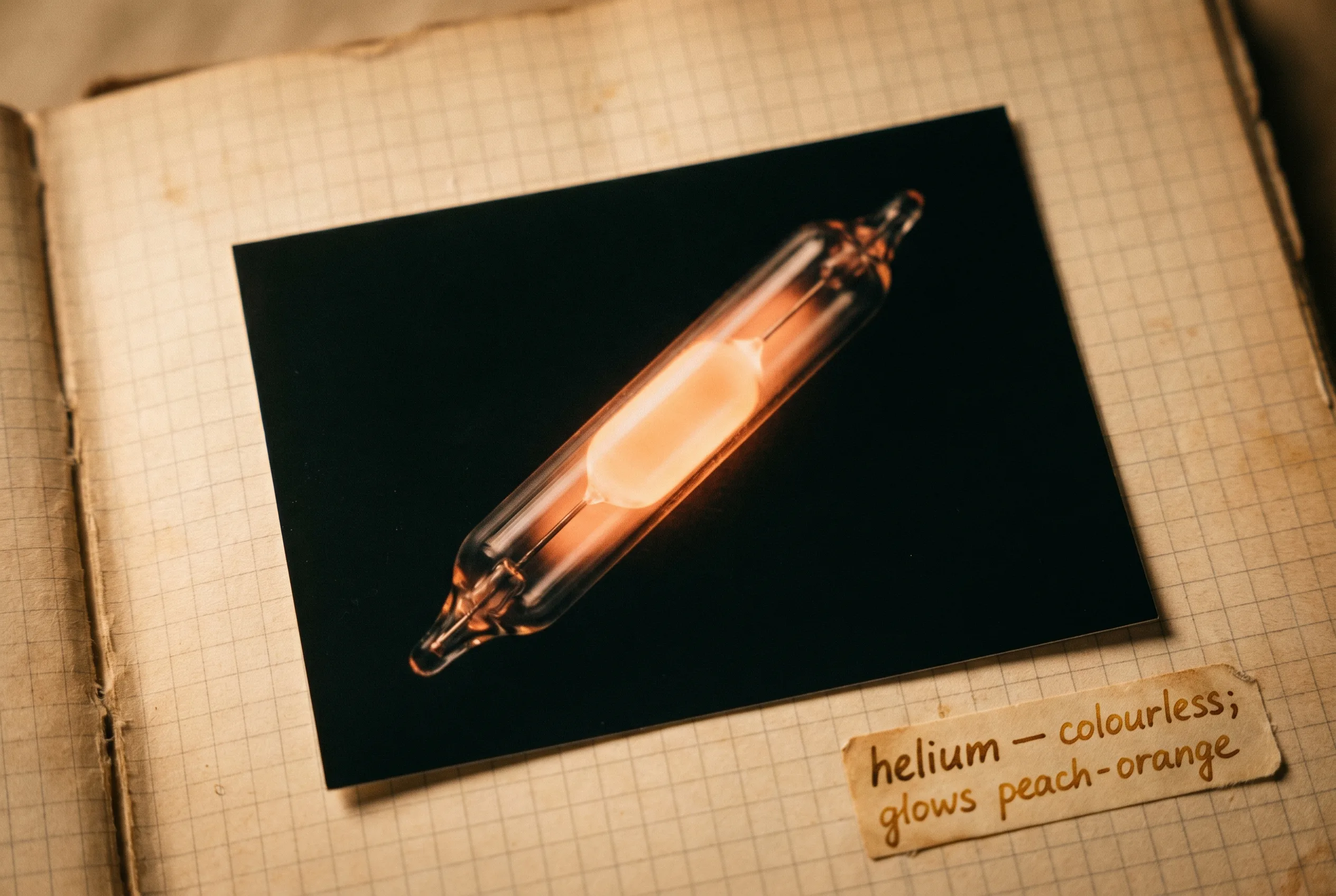 A slim glass discharge tube glowing peach-orange against a dark background.