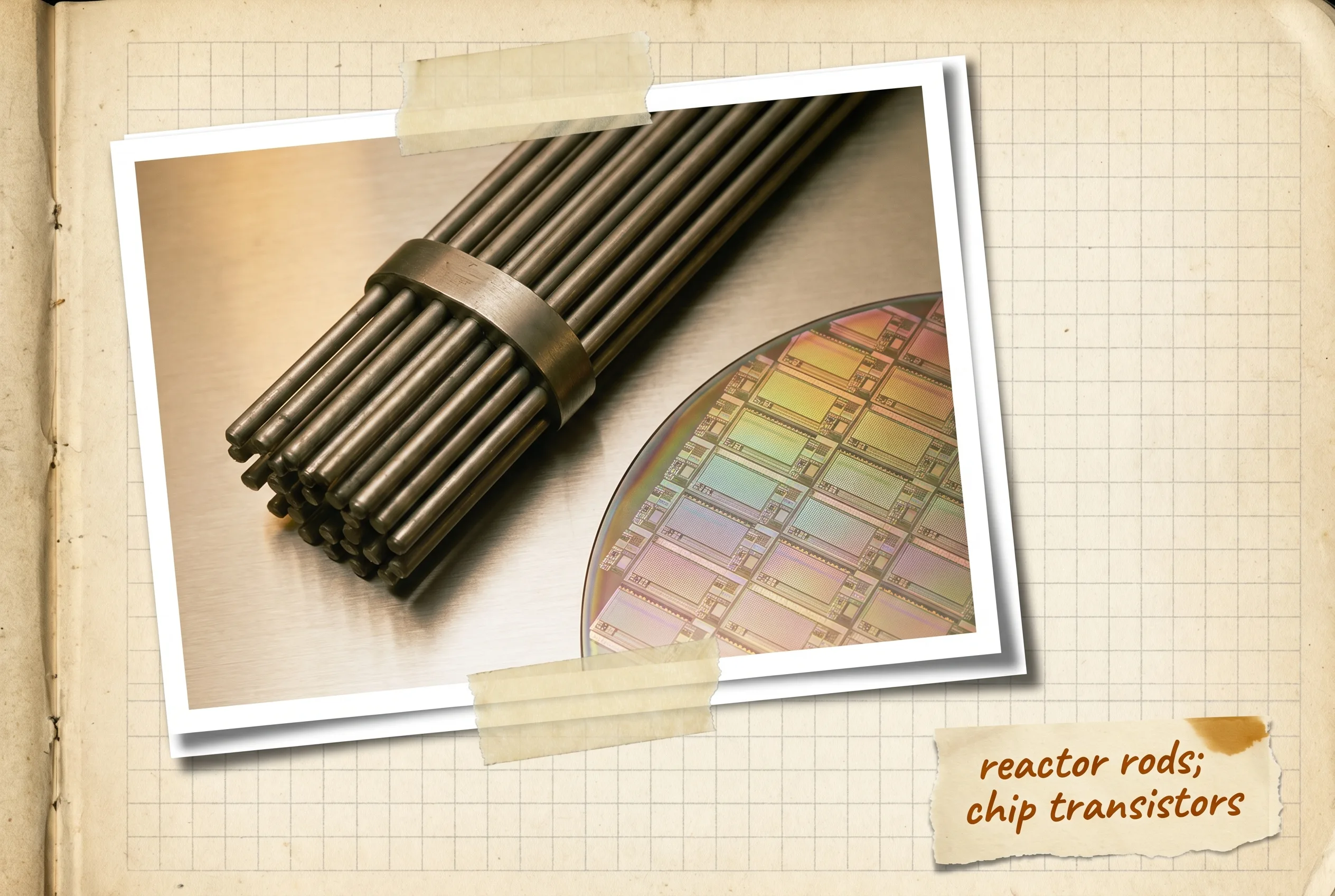 Bundle of slender metal control rods beside an extreme-macro silicon chip wafer.