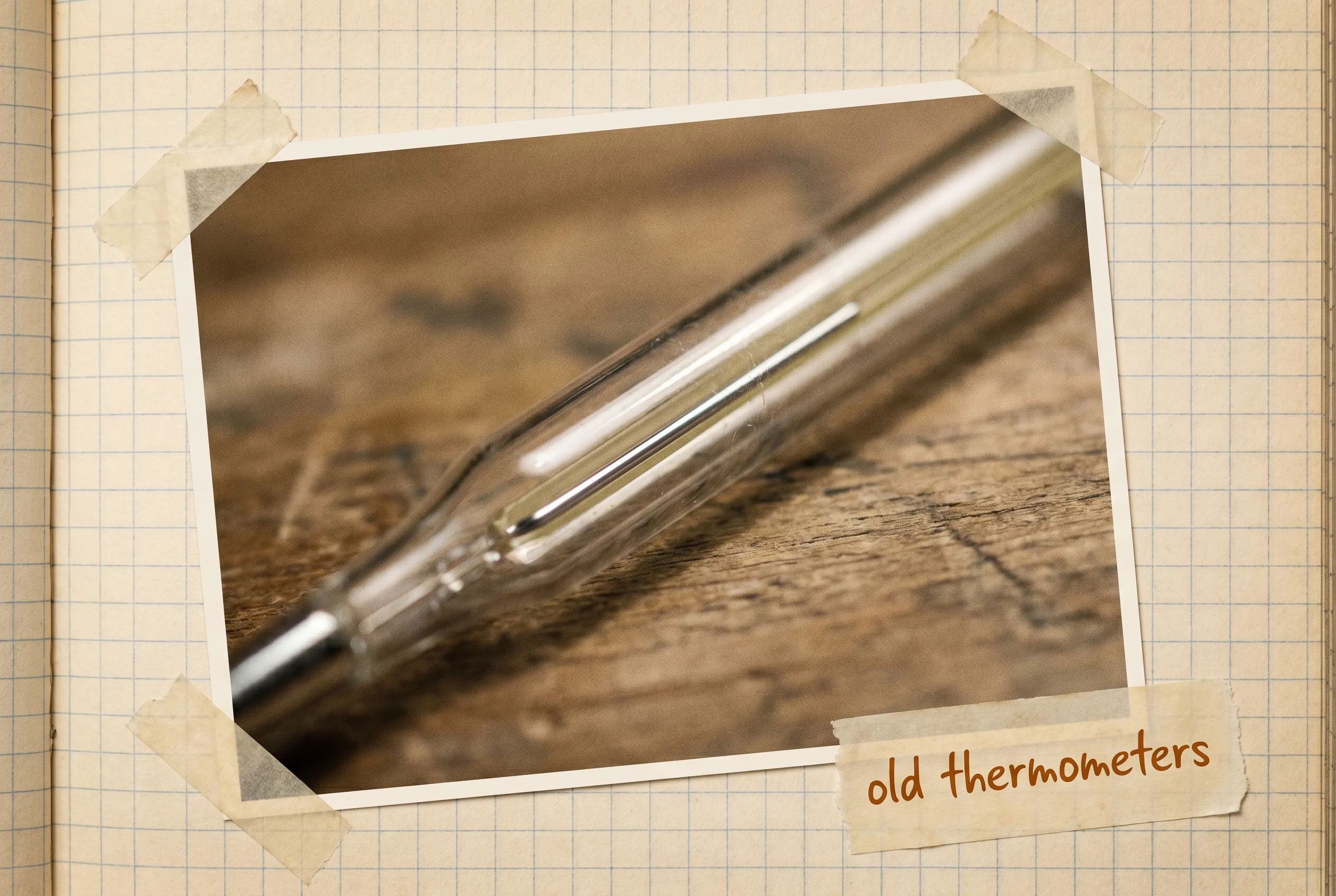 Close-up of an old mercury-in-glass thermometer with a thin silvery line in the bore.