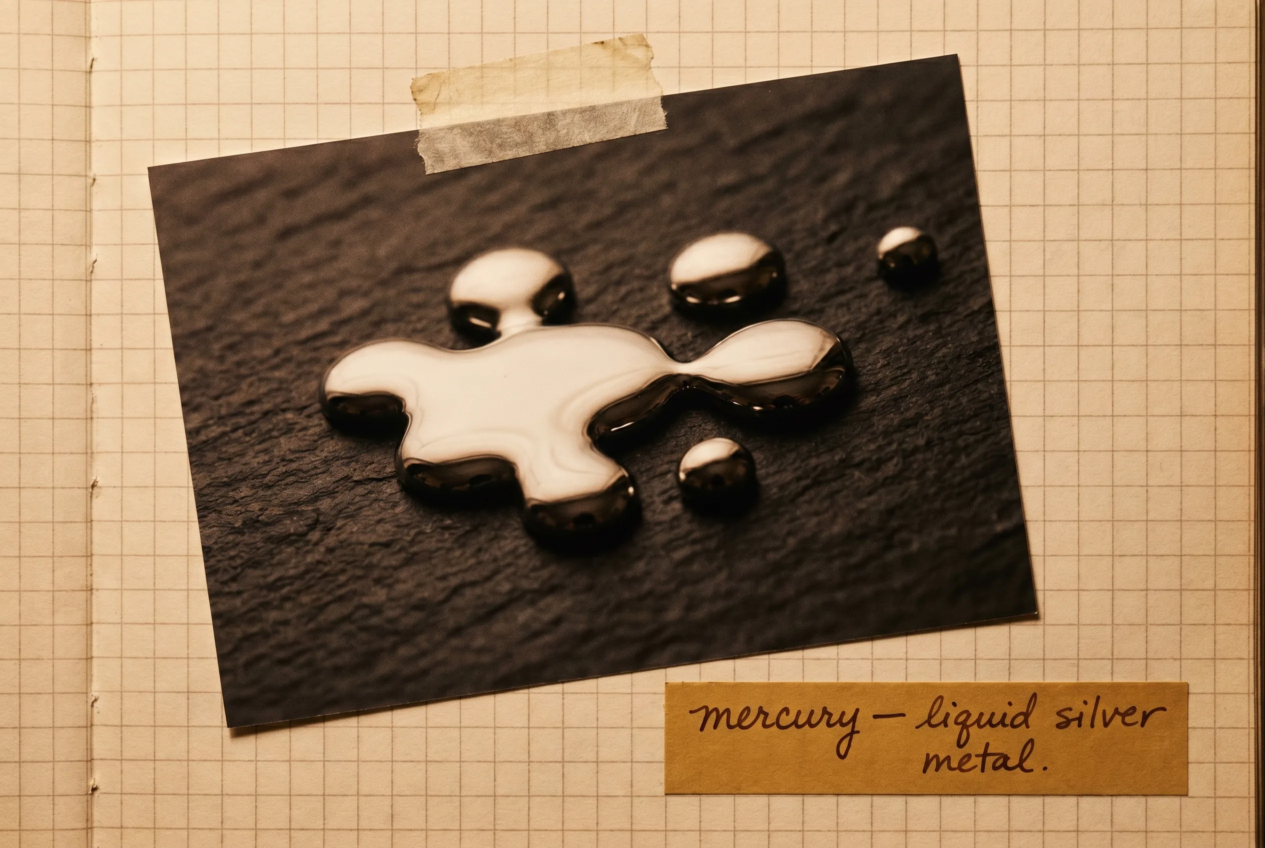 Beads of liquid mercury pooled on black slate, reflective silver metal.
